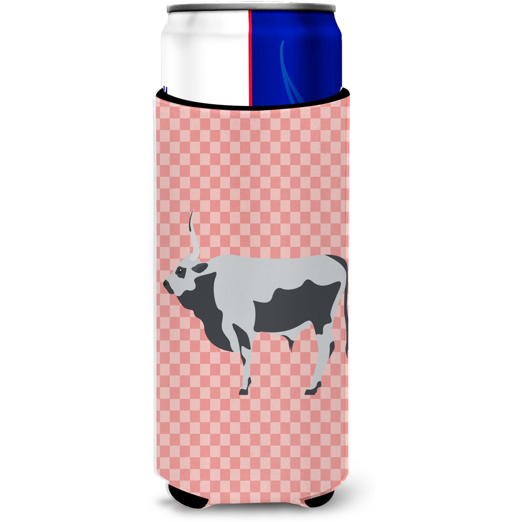 &quotCaroline's Treasures Hungarian Grey Steppe Cow Pink Check Decorative Can Hugger, Slim, Multicolor"