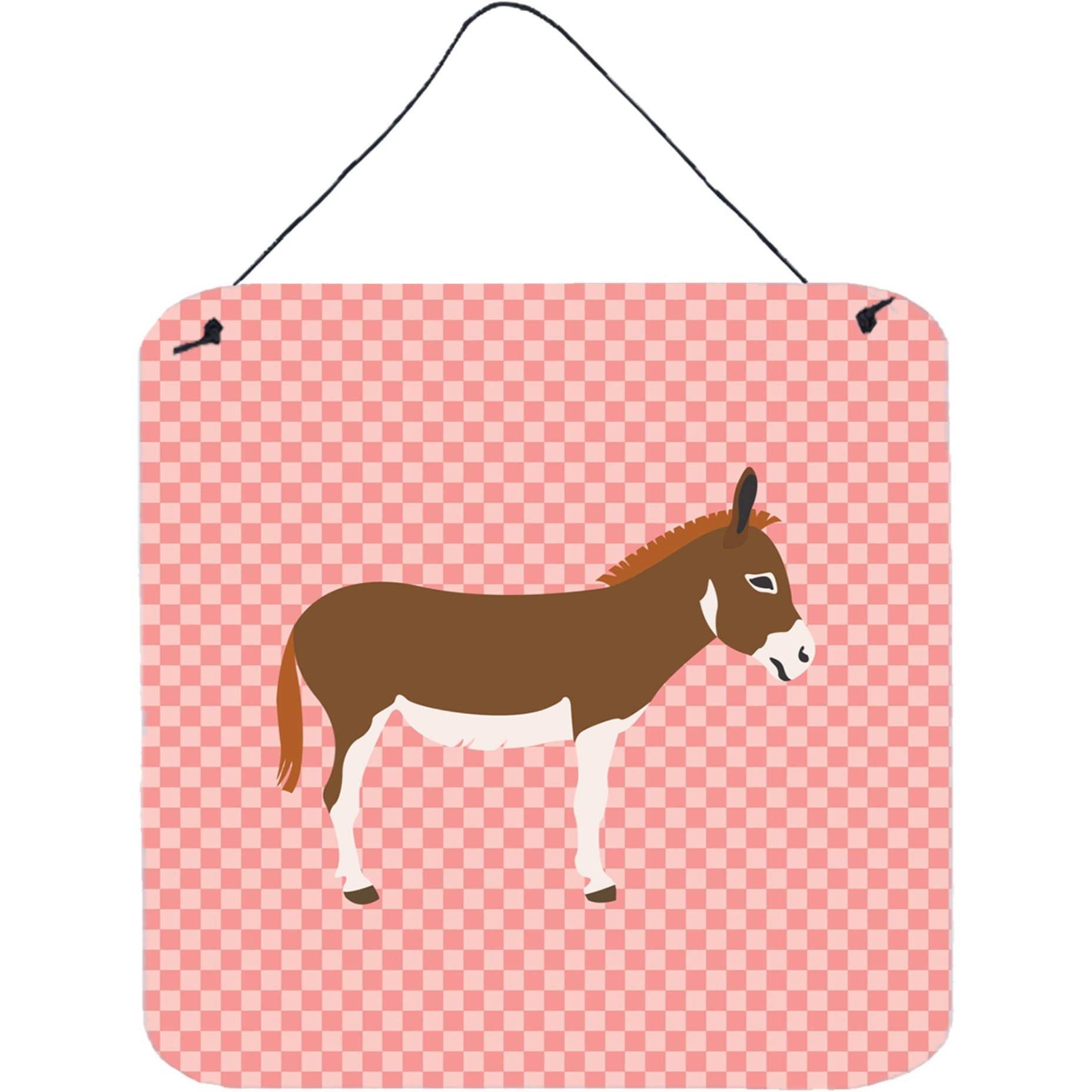 &quotCaroline's Treasures Pink Check Miniature Mediterranian Donkey Metal Print, 6"" H x 6"" W"