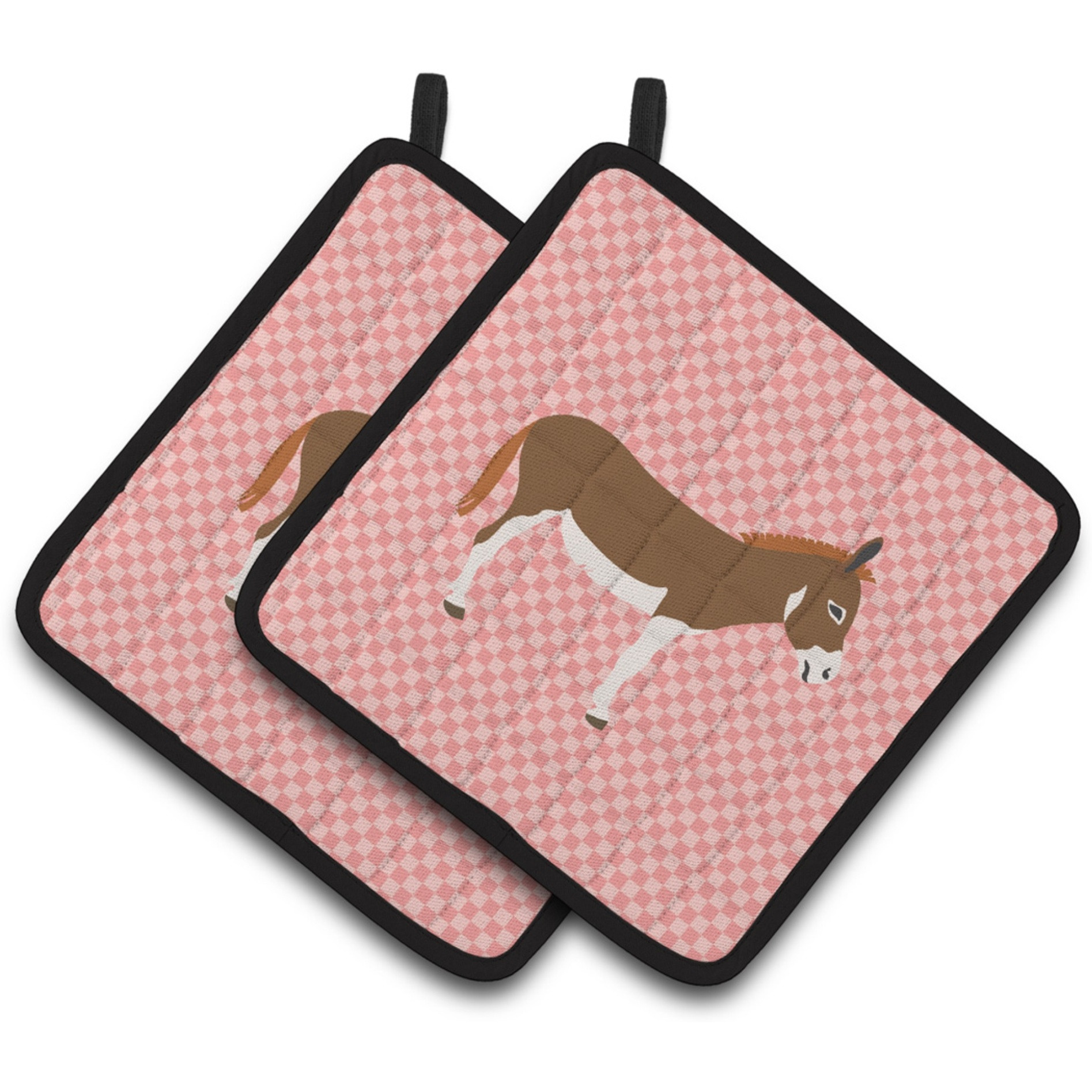 &quotCaroline's Treasures Miniature Mediterranian Donkey Pink Check Decorated Pot Holder, 7.5"" x 7.5"""