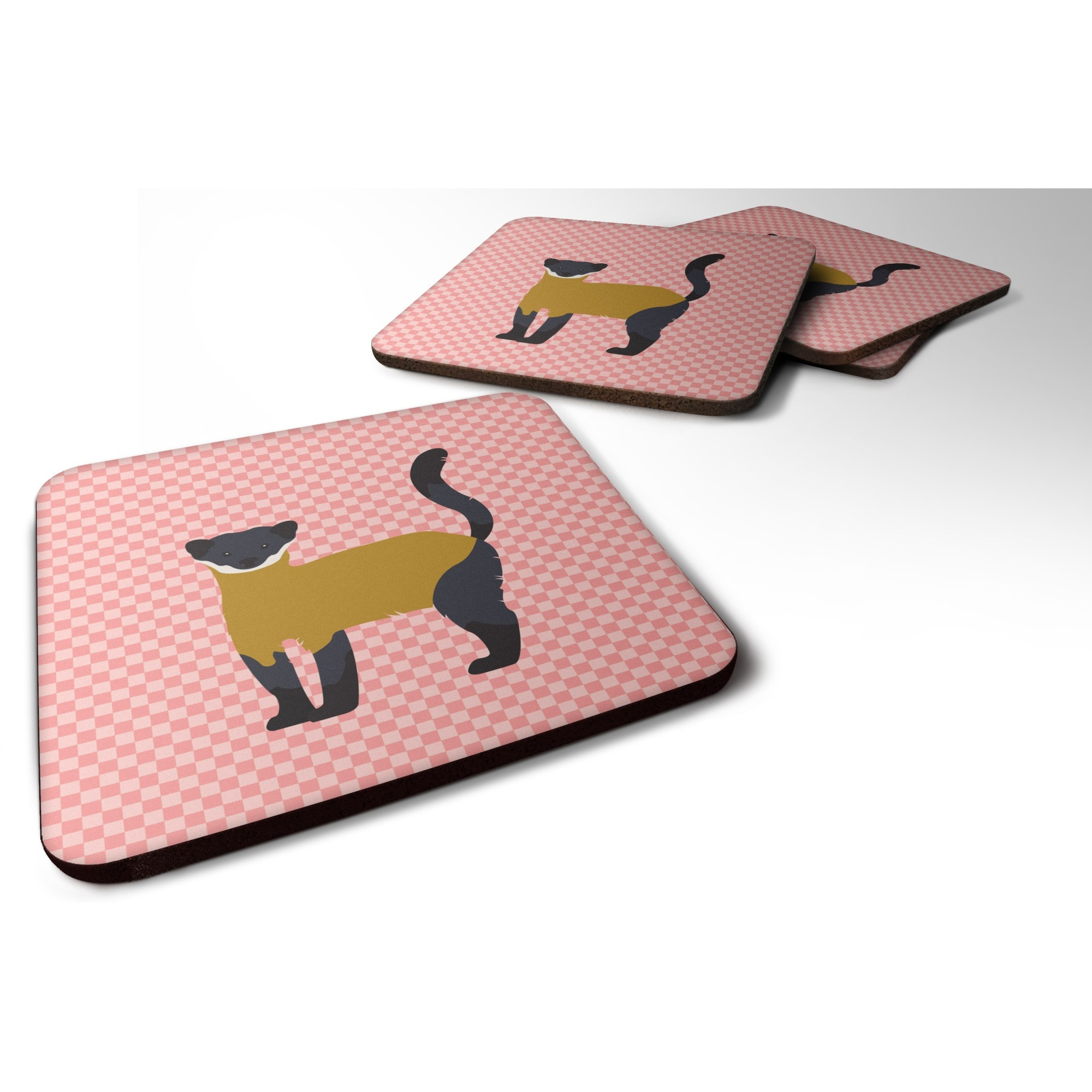 &quotCaroline's Treasures Yellow-Throated Marten Pink Check Decorative coasters, 3.5, Multicolor"