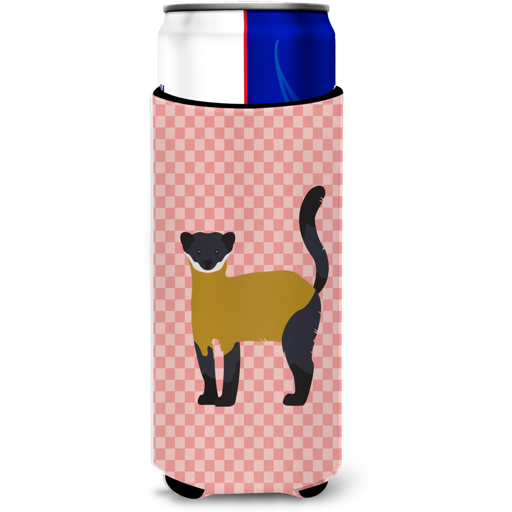 &quotCaroline's Treasures Yellow-Throated Marten Pink Check Decorative Can Hugger, Slim, Multicolor"