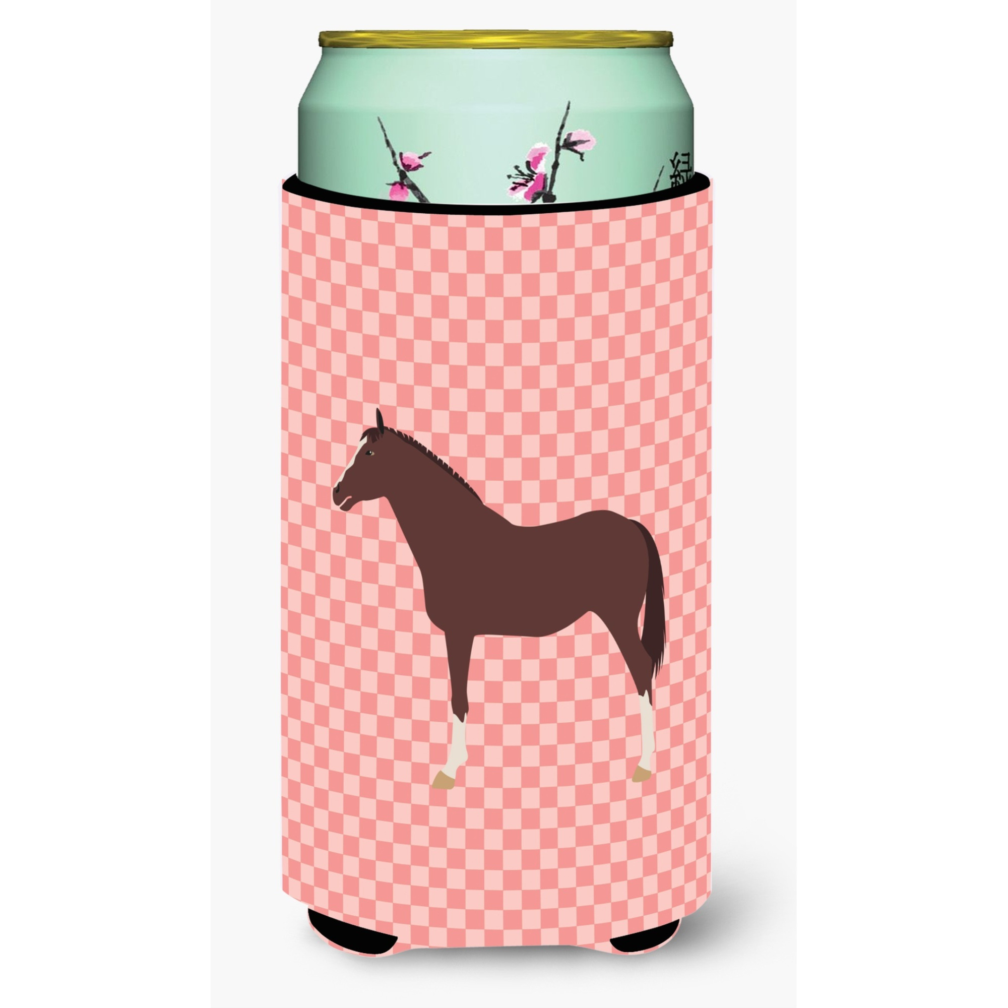 &quotCaroline's Treasures English Thoroughbred Horse Pink Check Decorative Can Hugger, Tall Boy, Multicolor"