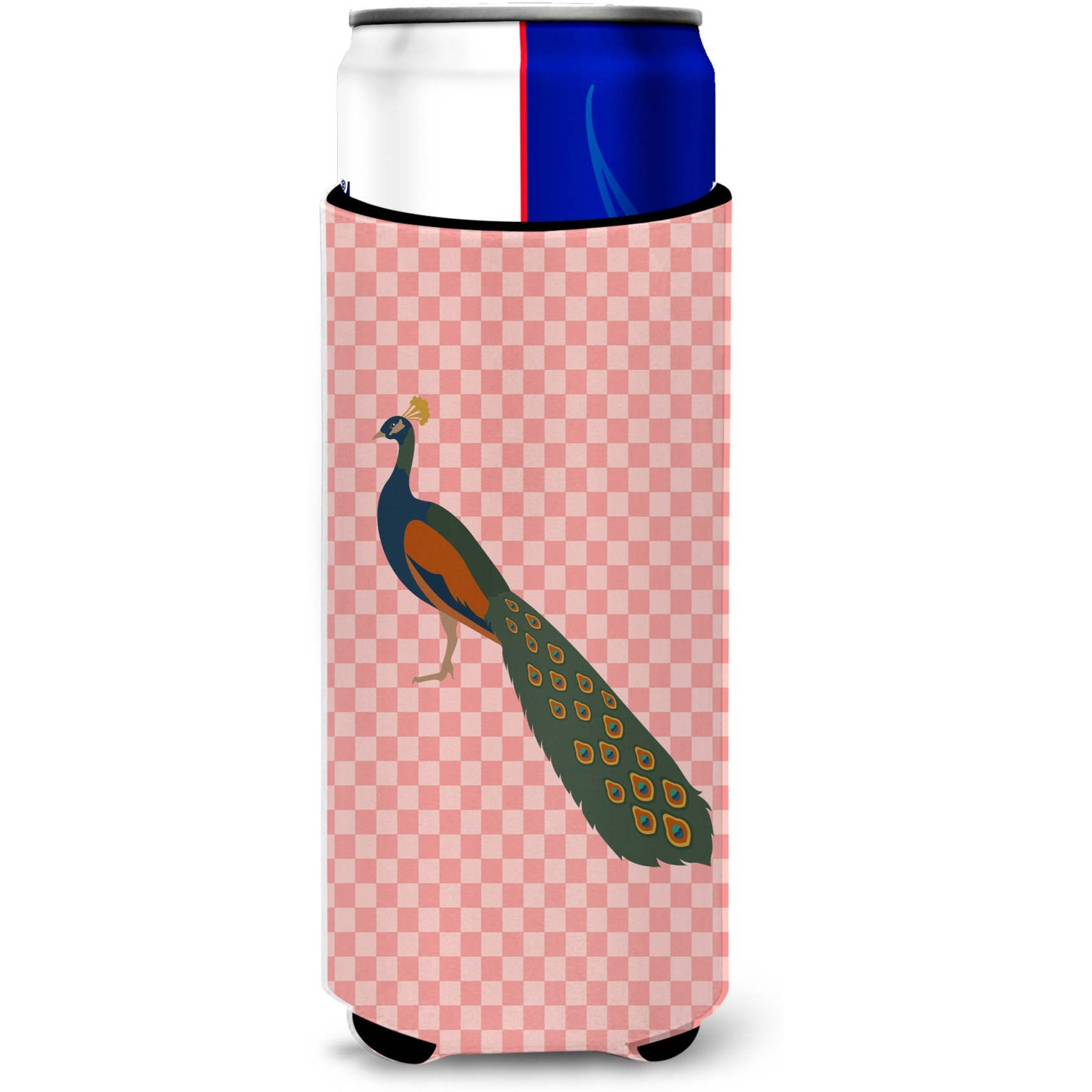 &quotCaroline's Treasures Indian Peacock Peafowl Pink Check Decorative Can Hugger, Slim, Multicolor"