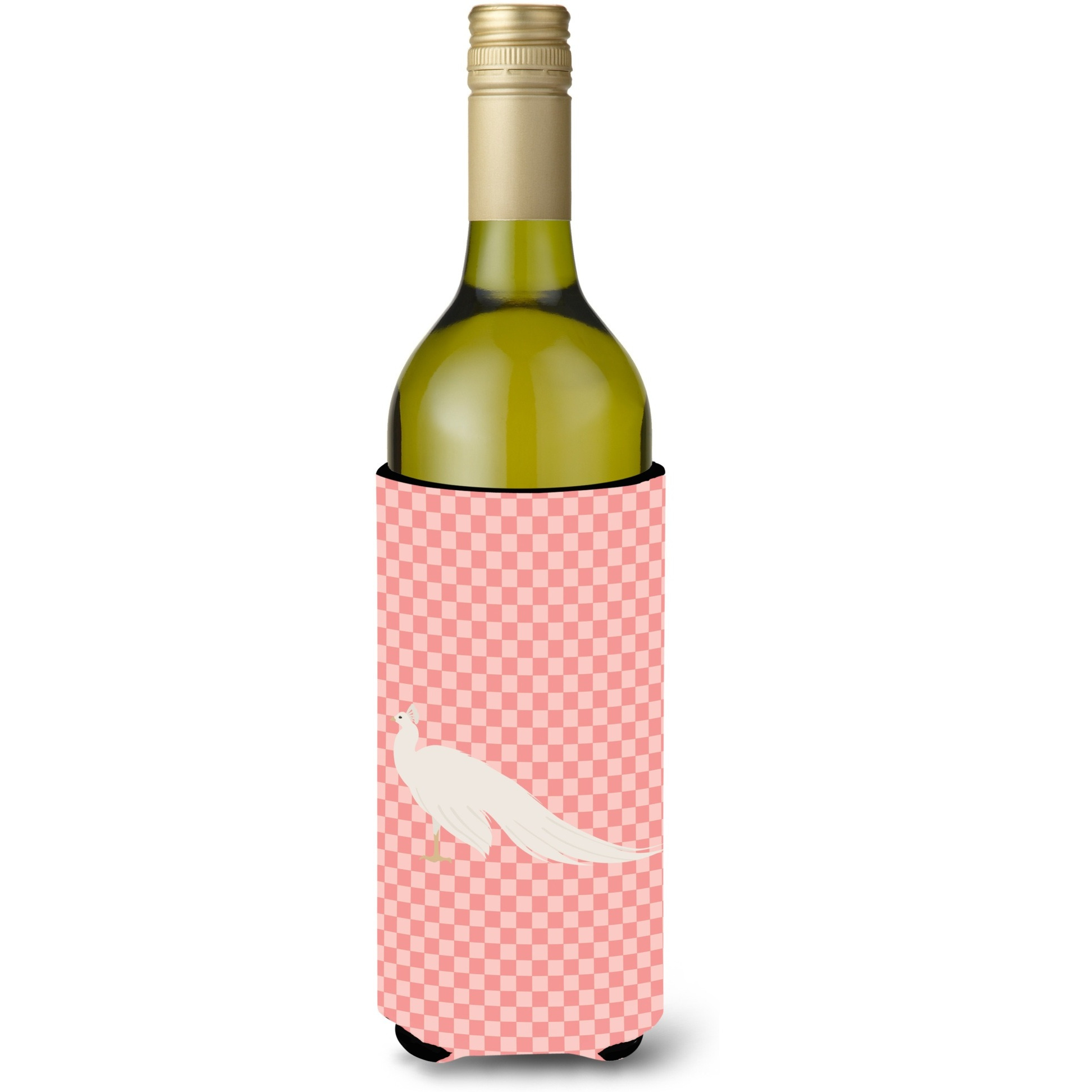 &quotCaroline's Treasures White Peacock Peafowl Pink Check Decorative Bottle Hugger, 750 ml, Multicolor"
