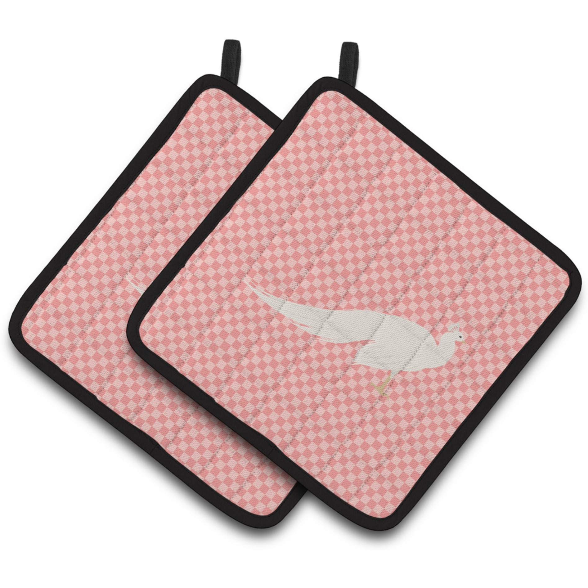 &quotCaroline's Treasures White Peacock Peafowl Pink Check Decorated Pot Holder, 7.5"" x 7.5"""