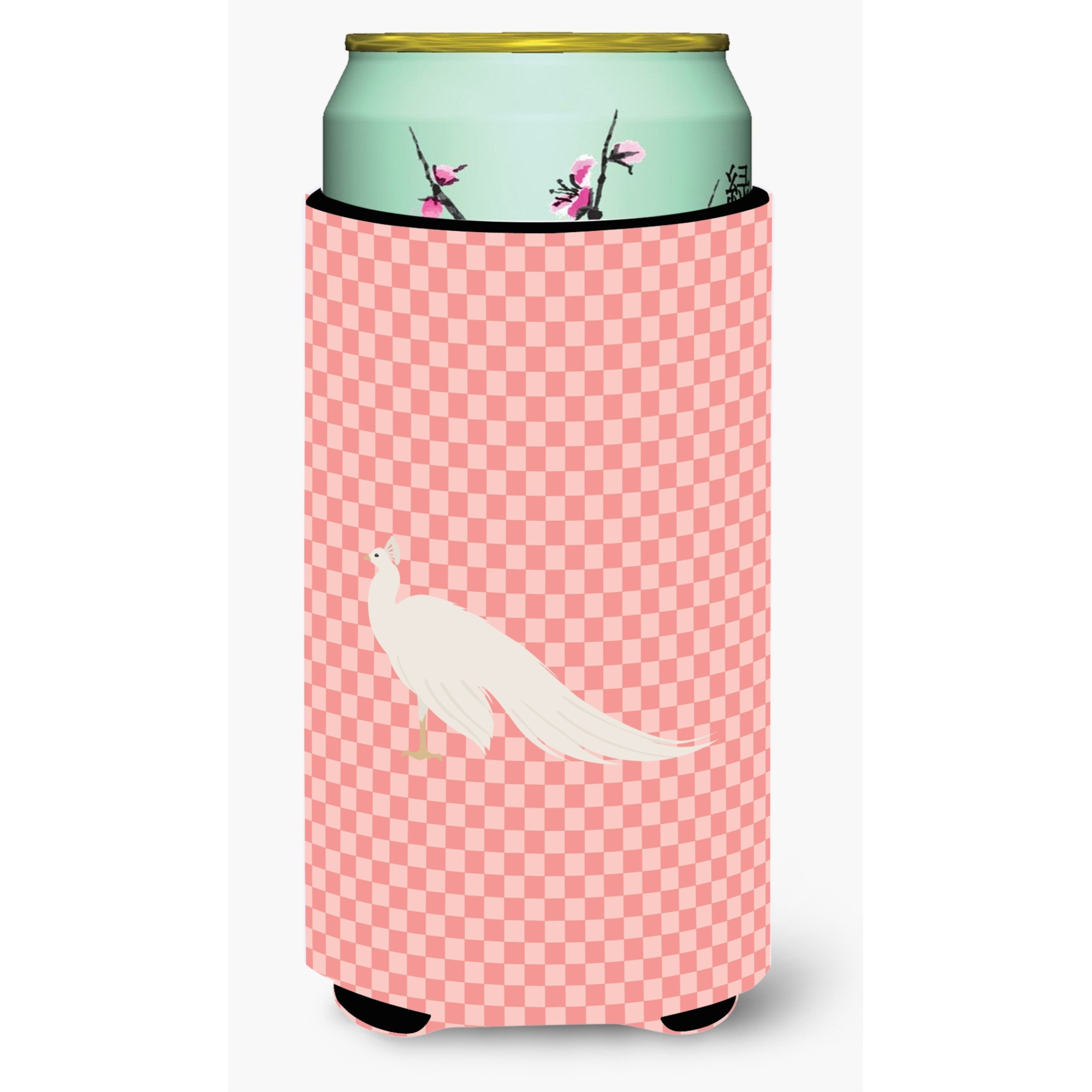 &quotCaroline's Treasures White Peacock Peafowl Pink Check Decorative Can Hugger, Tall Boy, Multicolor"