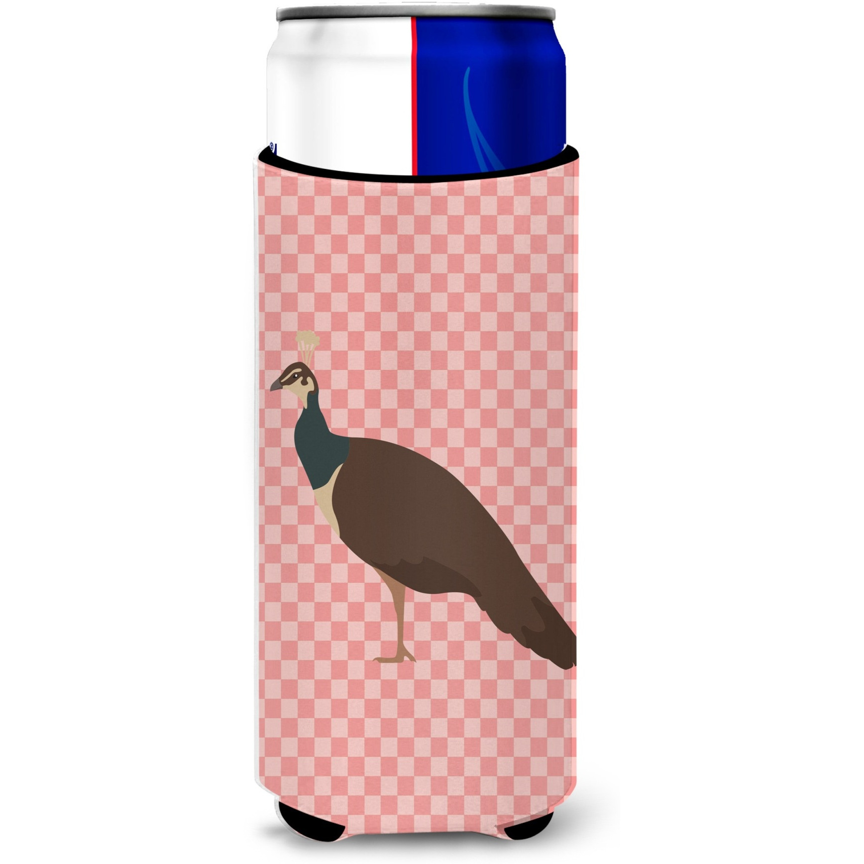 &quotCaroline's Treasures Indian Peahen Peafowl Pink Check Decorative Can Hugger, Slim, Multicolor"