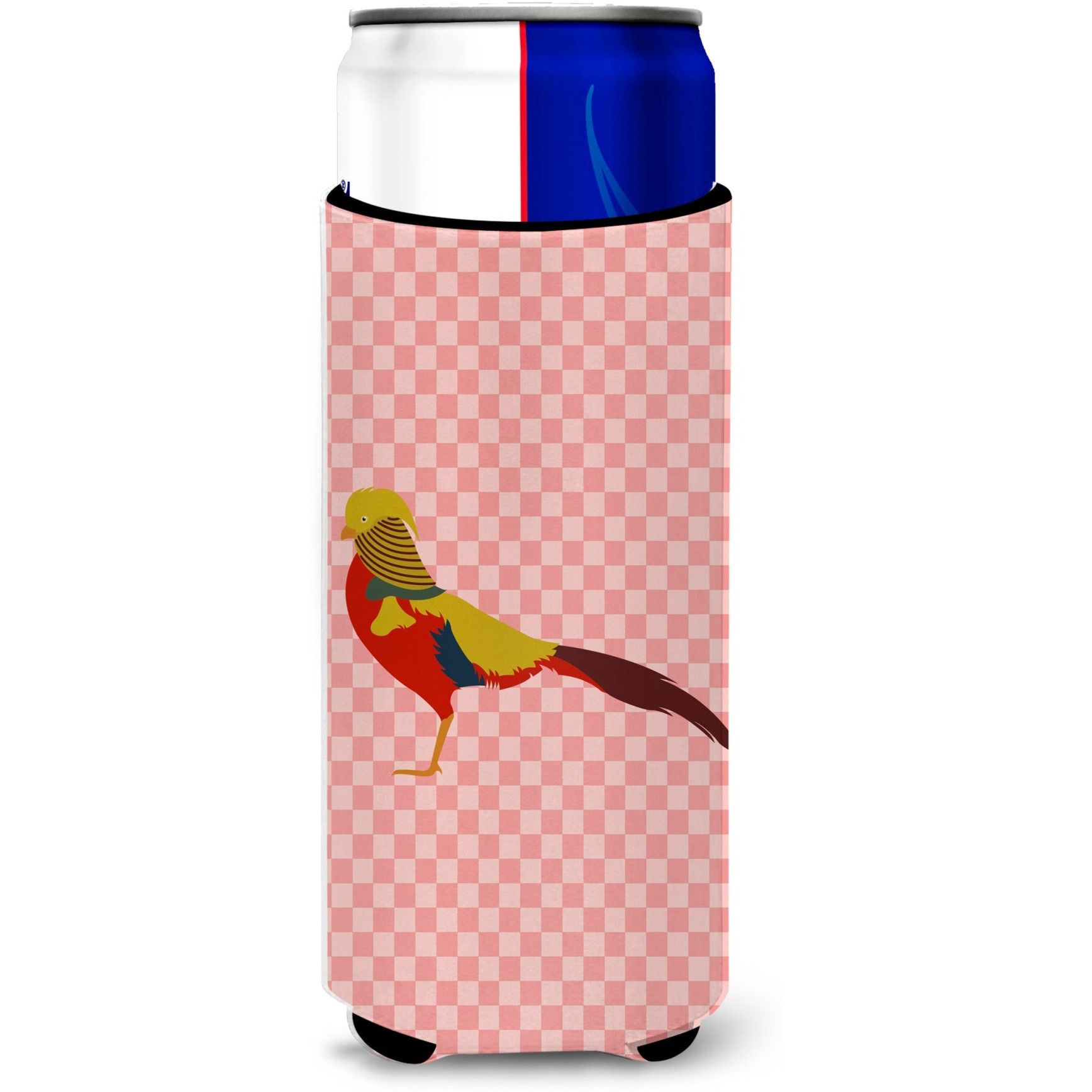 &quotCaroline's Treasures Golden or Chinese Pheasant Pink Check Decorative Can Hugger, Slim, Multicolor"