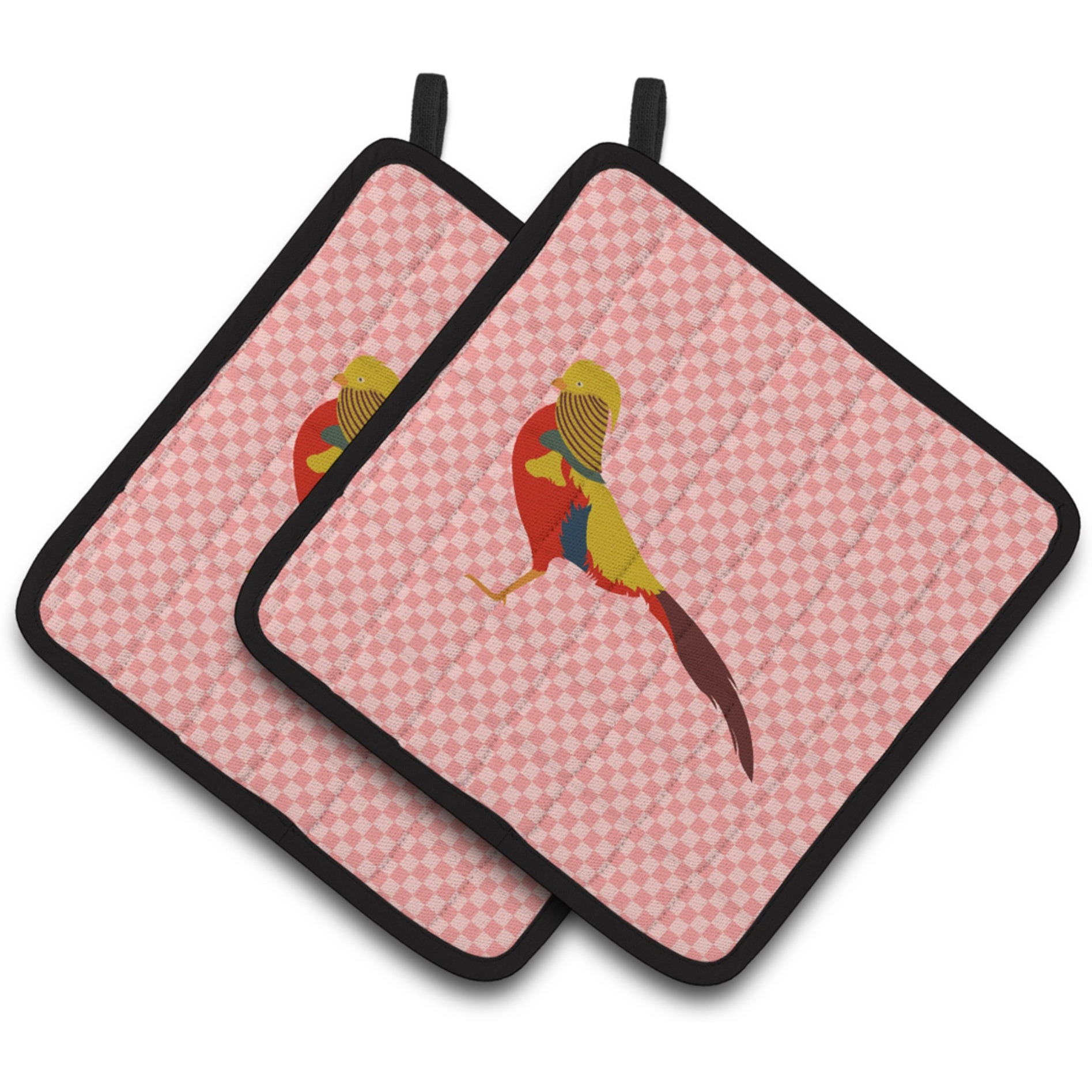 &quotCaroline's Treasures Golden or Chinese Pheasant Pink Check Decorated Pot Holder, 7.5"" x 7.5"""