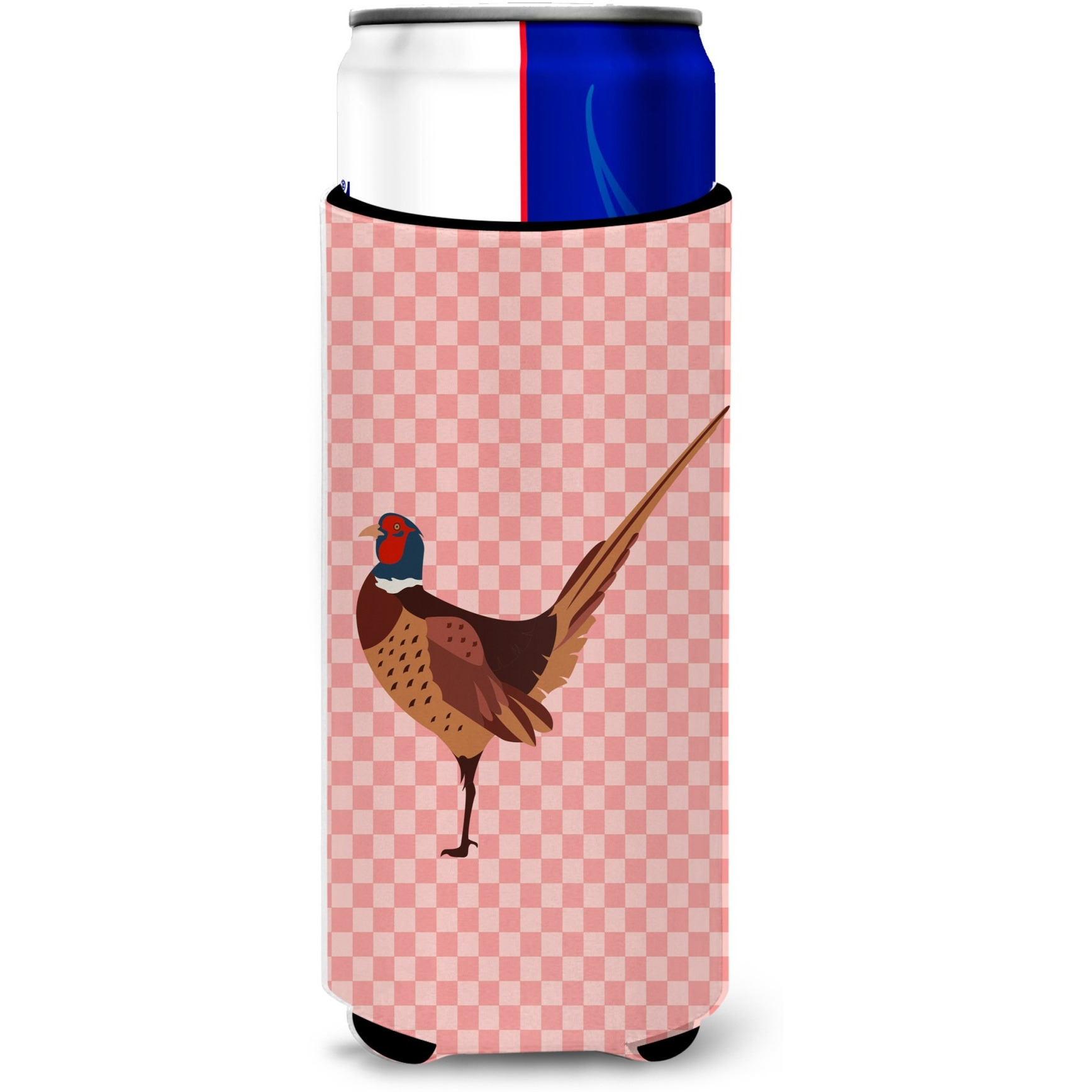 &quotCaroline's Treasures Ring-necked Common Pheasant Pink Check Decorative Can Hugger, Slim, Multicolor"