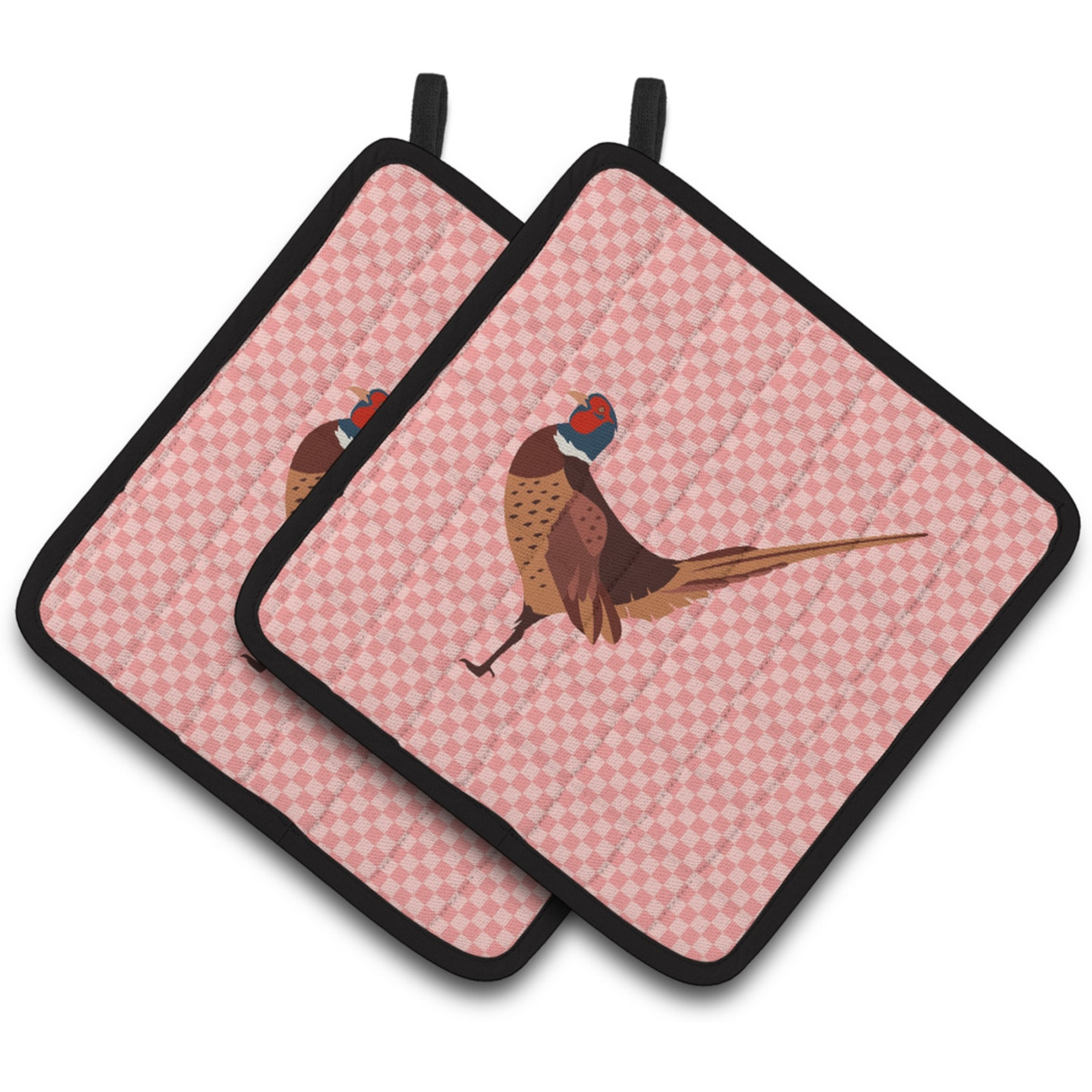&quotCaroline's Treasures Ring-necked Common Pheasant Pink Check Decorated Pot Holder, 7.5"" x 7.5"""