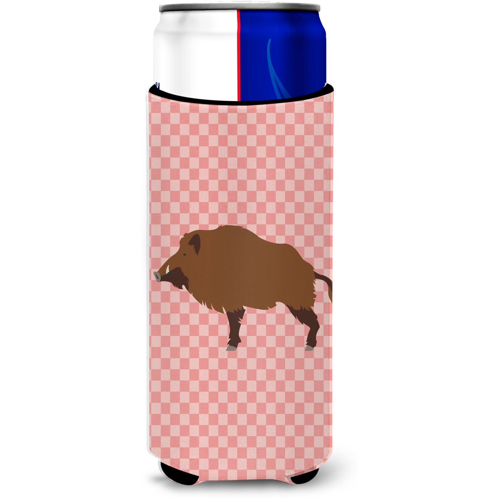 &quotCaroline's Treasures Wild Boar Pig Pink Check Decorative Can Hugger, Slim, Multicolor"