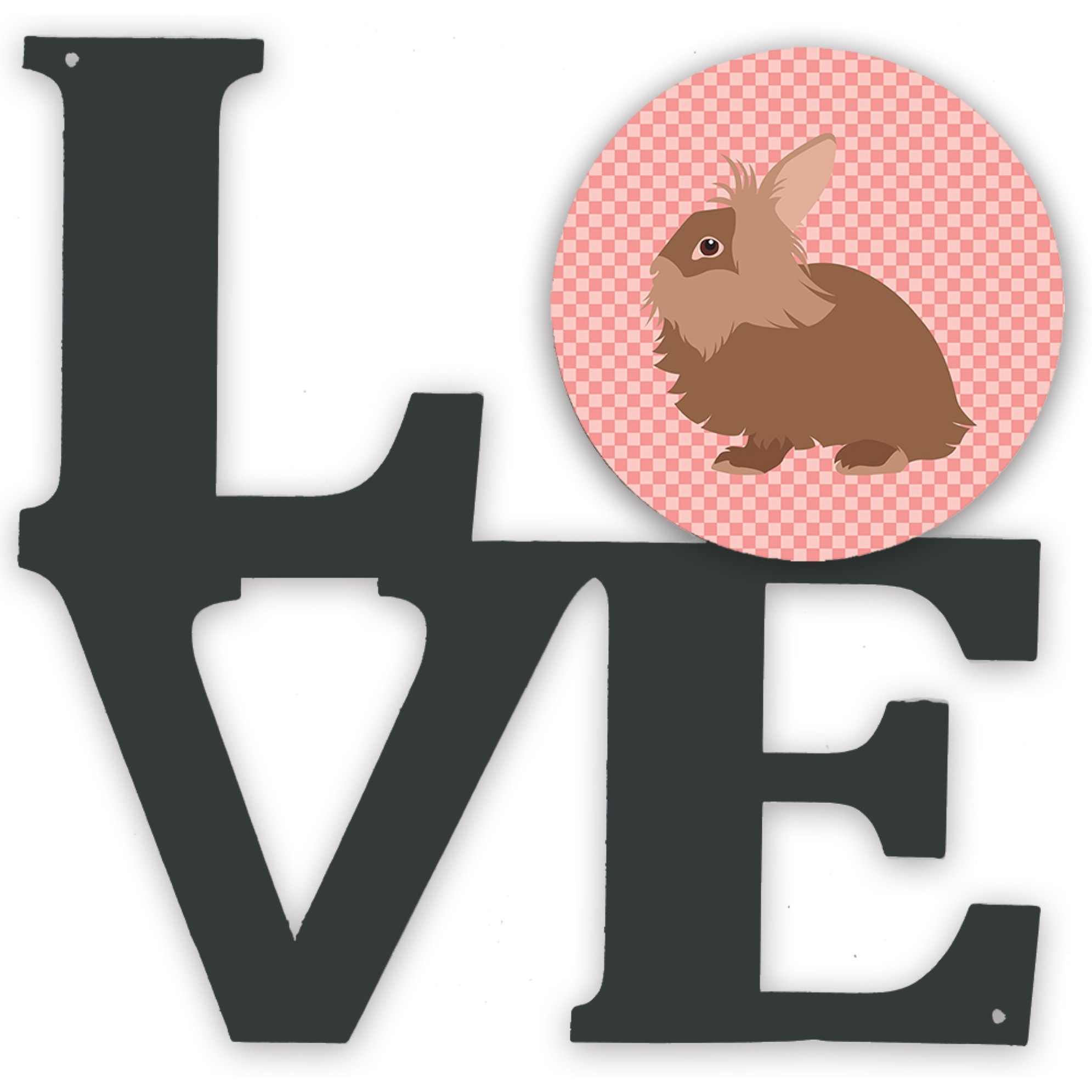 &quotCaroline's Treasures Lionhead Rabbit Pink Check Metal Artwork Love wall-decor, Multicolor"