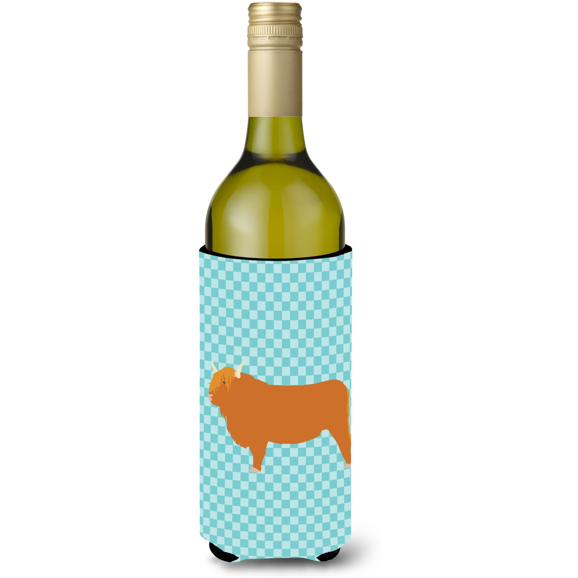 &quotCaroline's Treasures Highland Cow Blue Check Decorative Bottle Hugger, 750 ml, Multicolor"