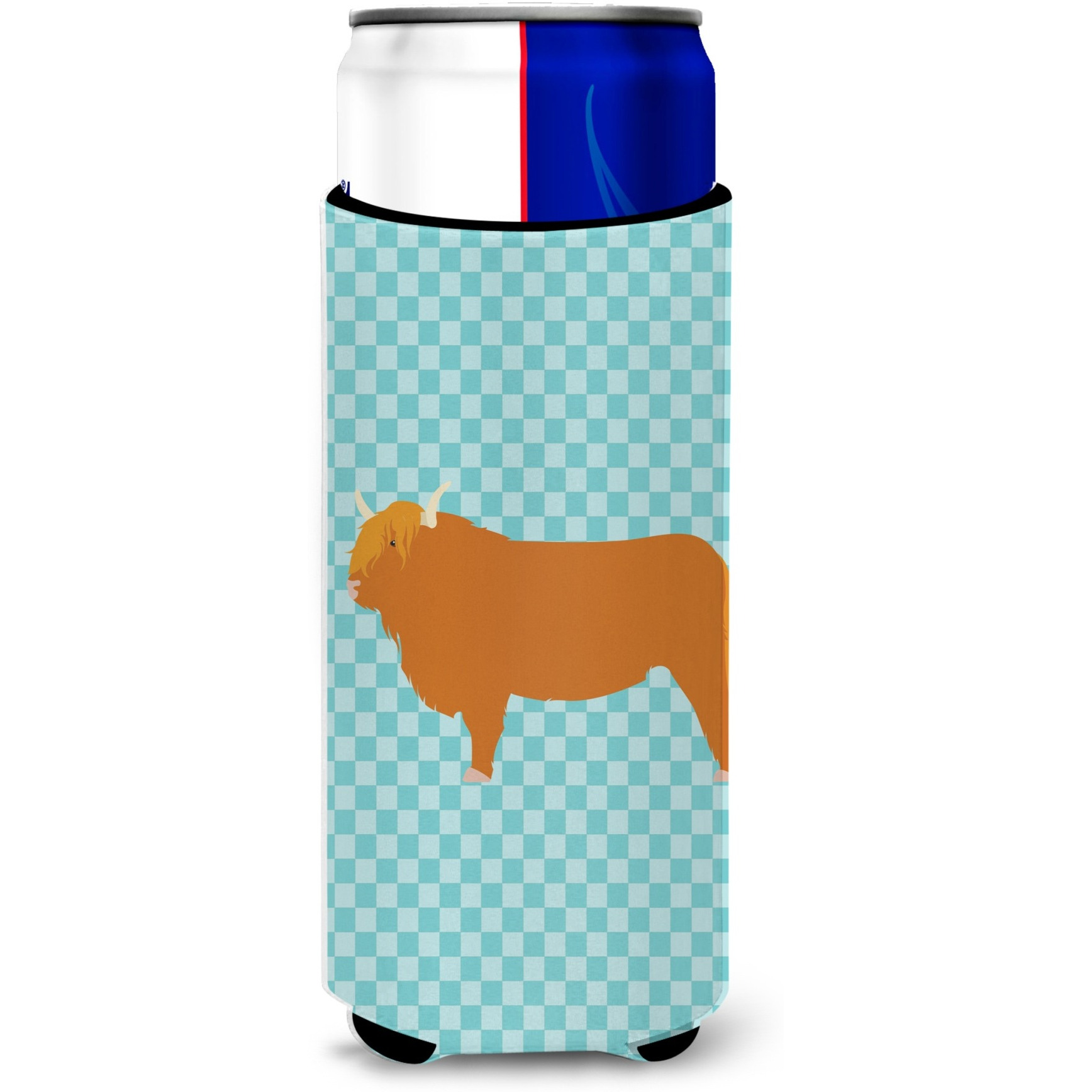 &quotCaroline's Treasures Highland Cow Blue Check Decorative Can Hugger, Slim, Multicolor"