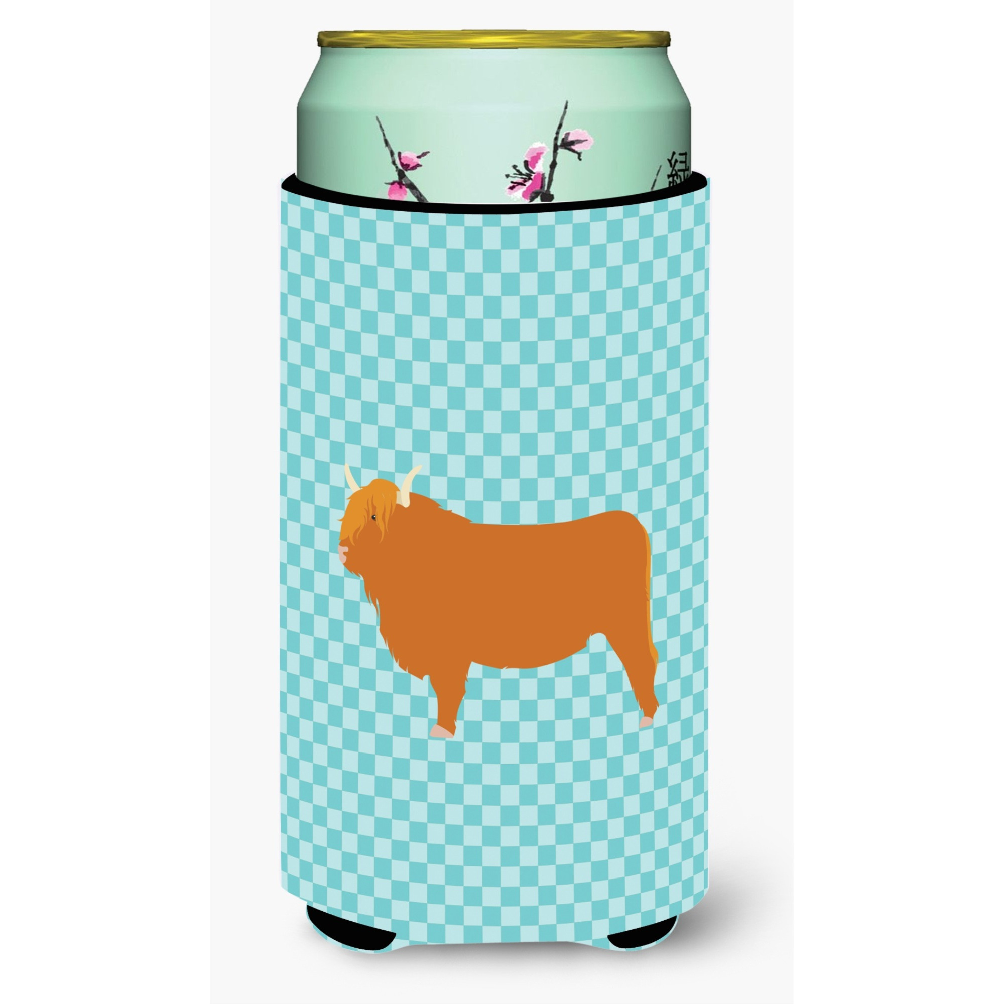 &quotCaroline's Treasures Highland Cow Blue Check Decorative Can Hugger, Tall Boy, Multicolor"