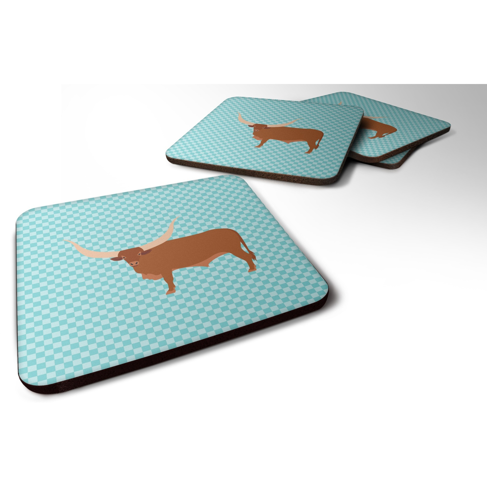 &quotCaroline's Treasures Ankole-Watusu Cow Blue Check Decorative Coasters, 3.5"", Multicolor"