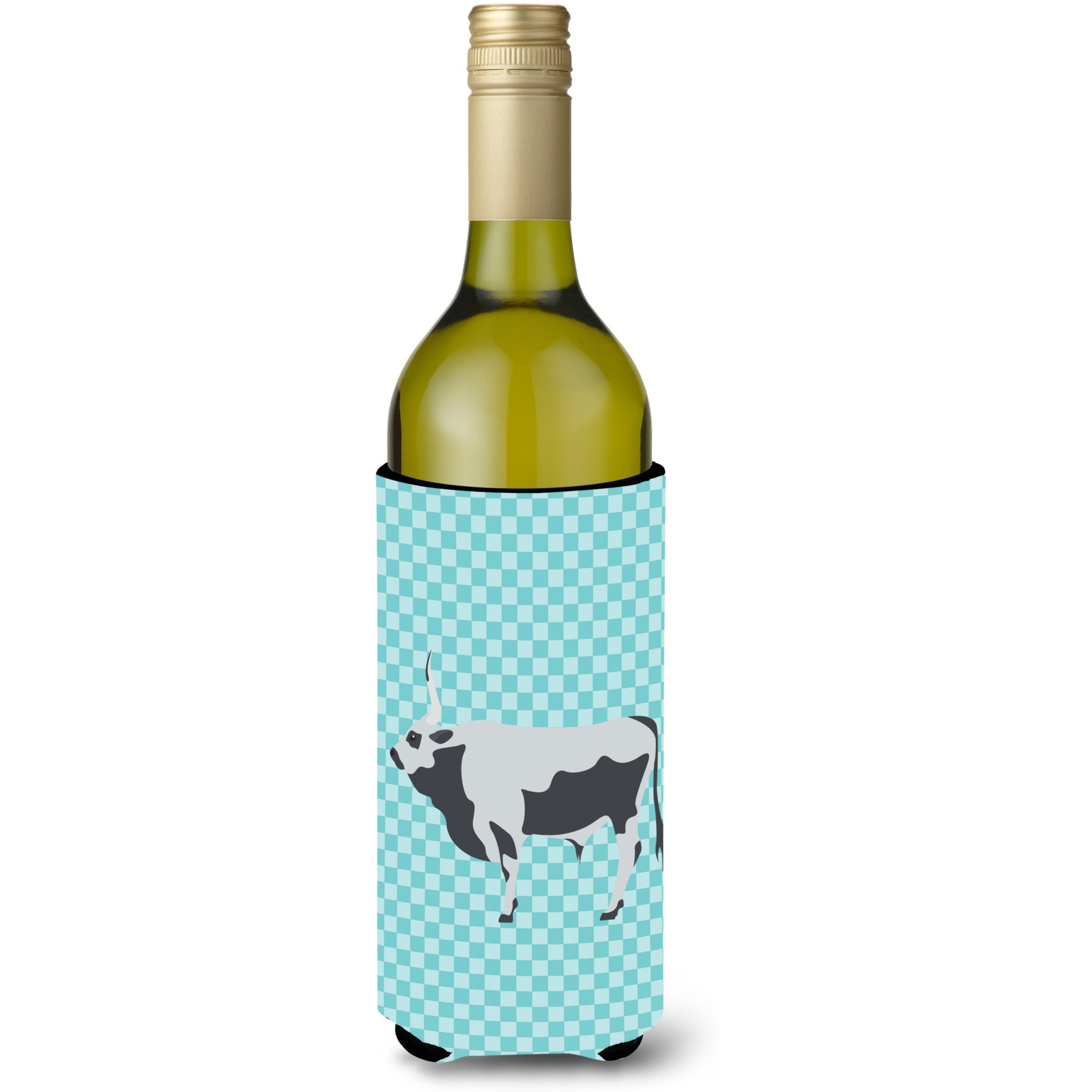 &quotCaroline's Treasures Hungarian Grey Steppe Cow Blue Check Decorative Bottle Hugger, 750 ml, Multicolor"