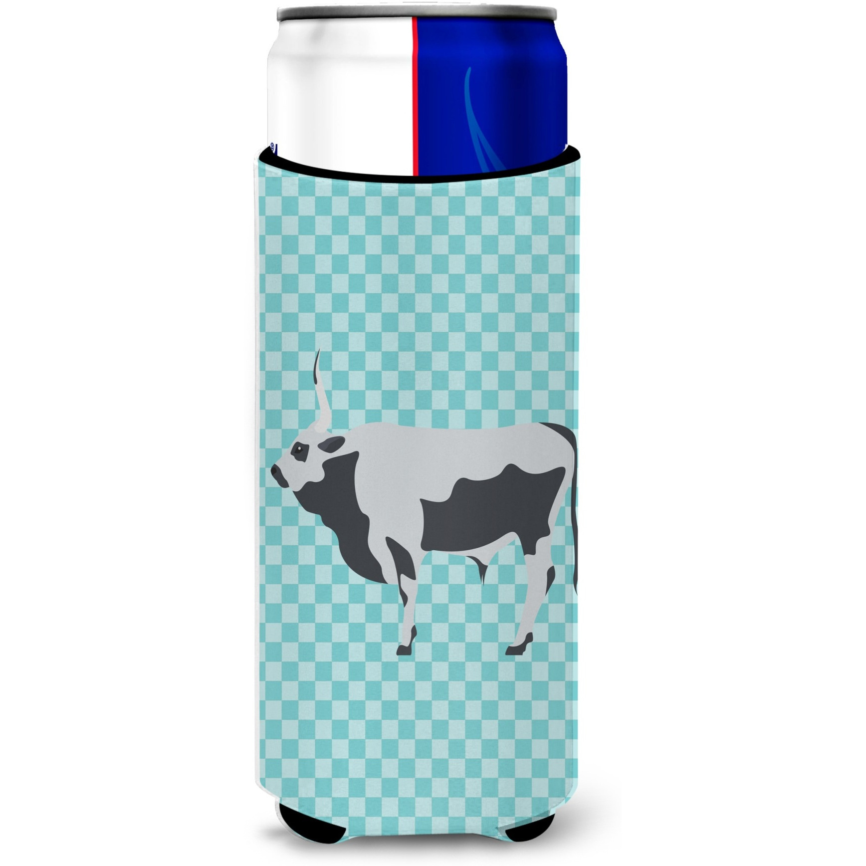 &quotCaroline's Treasures Hungarian Grey Steppe Cow Blue Check Decorative Can Hugger, Slim, Multicolor"