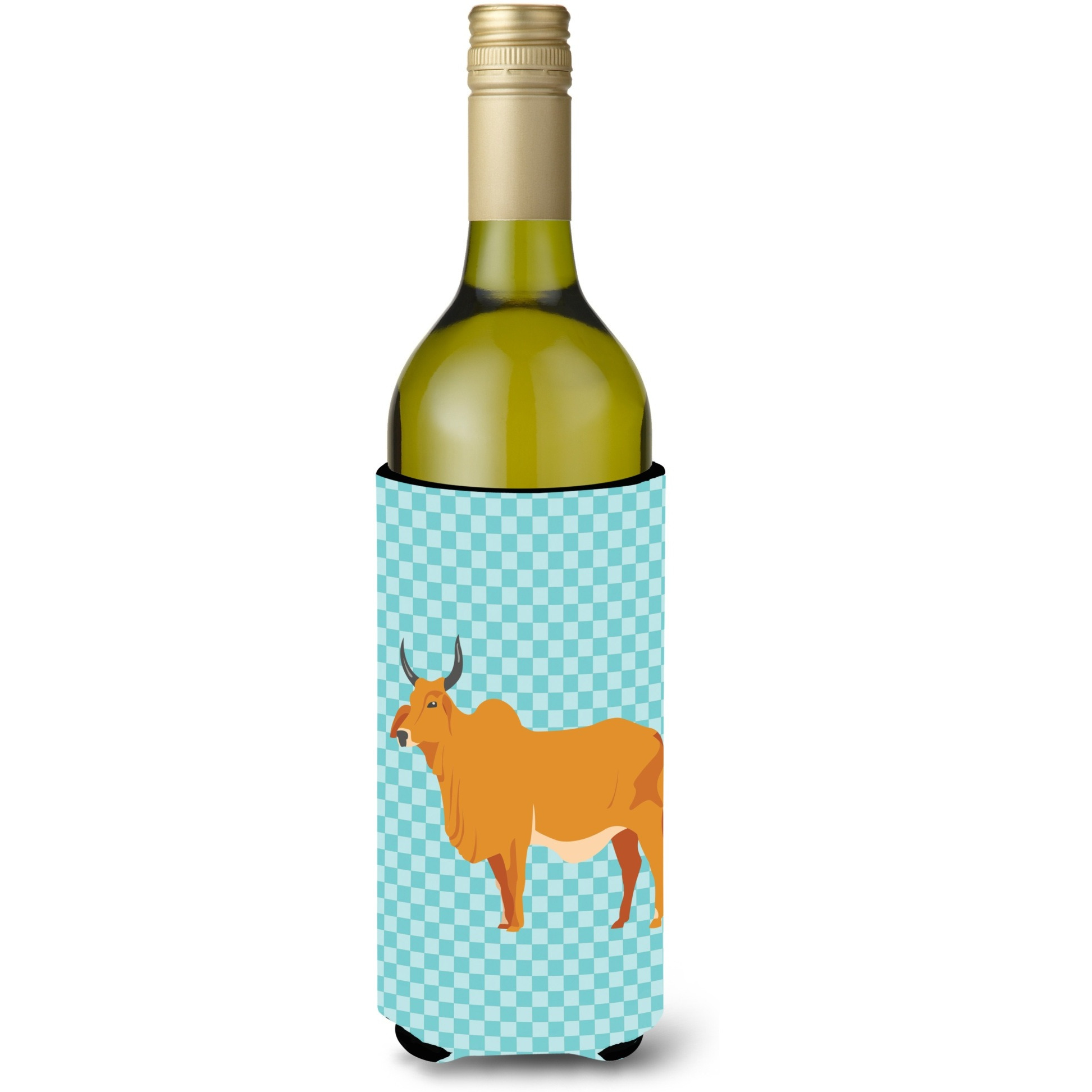 &quotCaroline's Treasures Zebu Indicine Cow Blue Check Decorative Bottle Hugger, 750 ml, Multicolor"