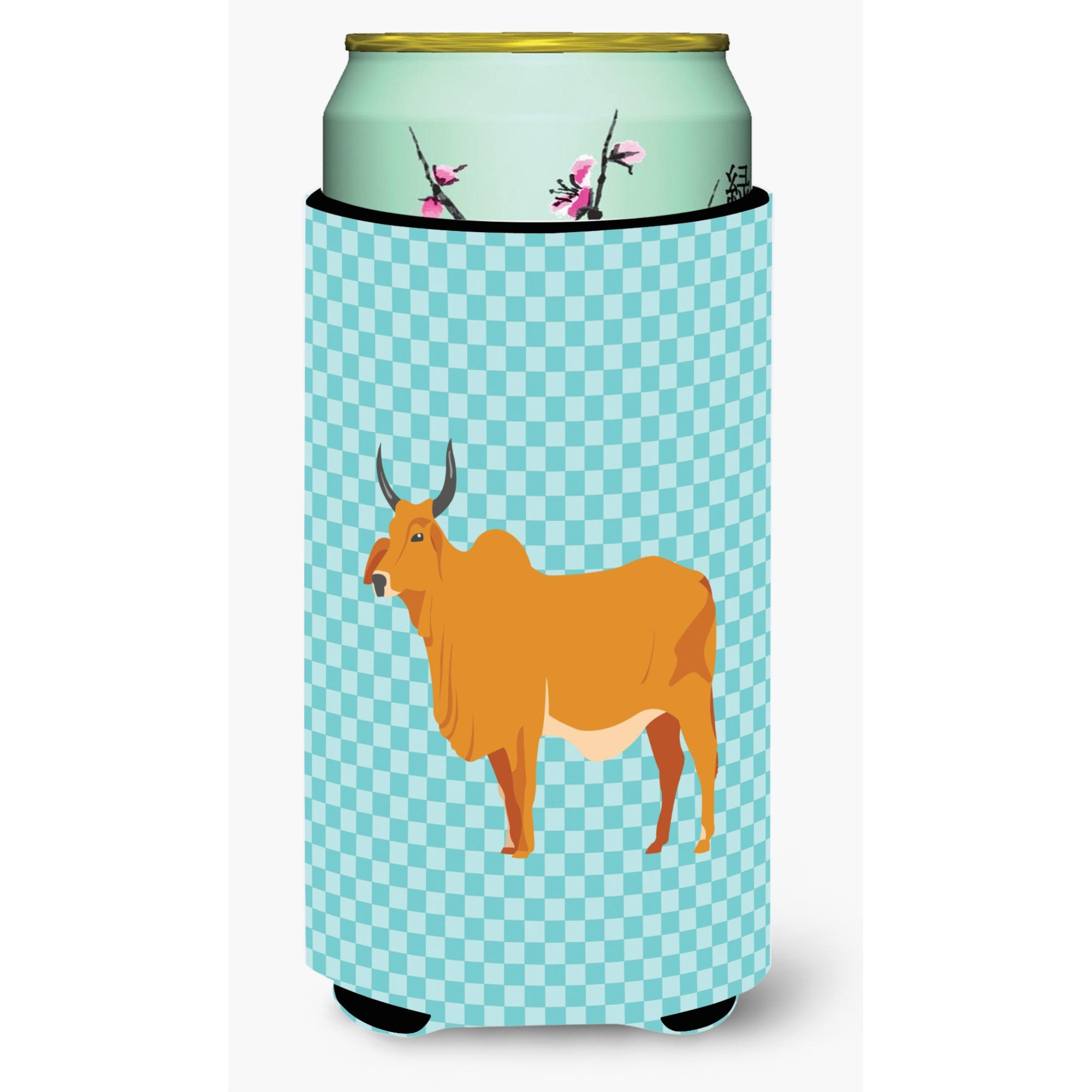 &quotCaroline's Treasures Zebu Indicine Cow Blue Check Decorative Can Hugger, Tall Boy, Multicolor"