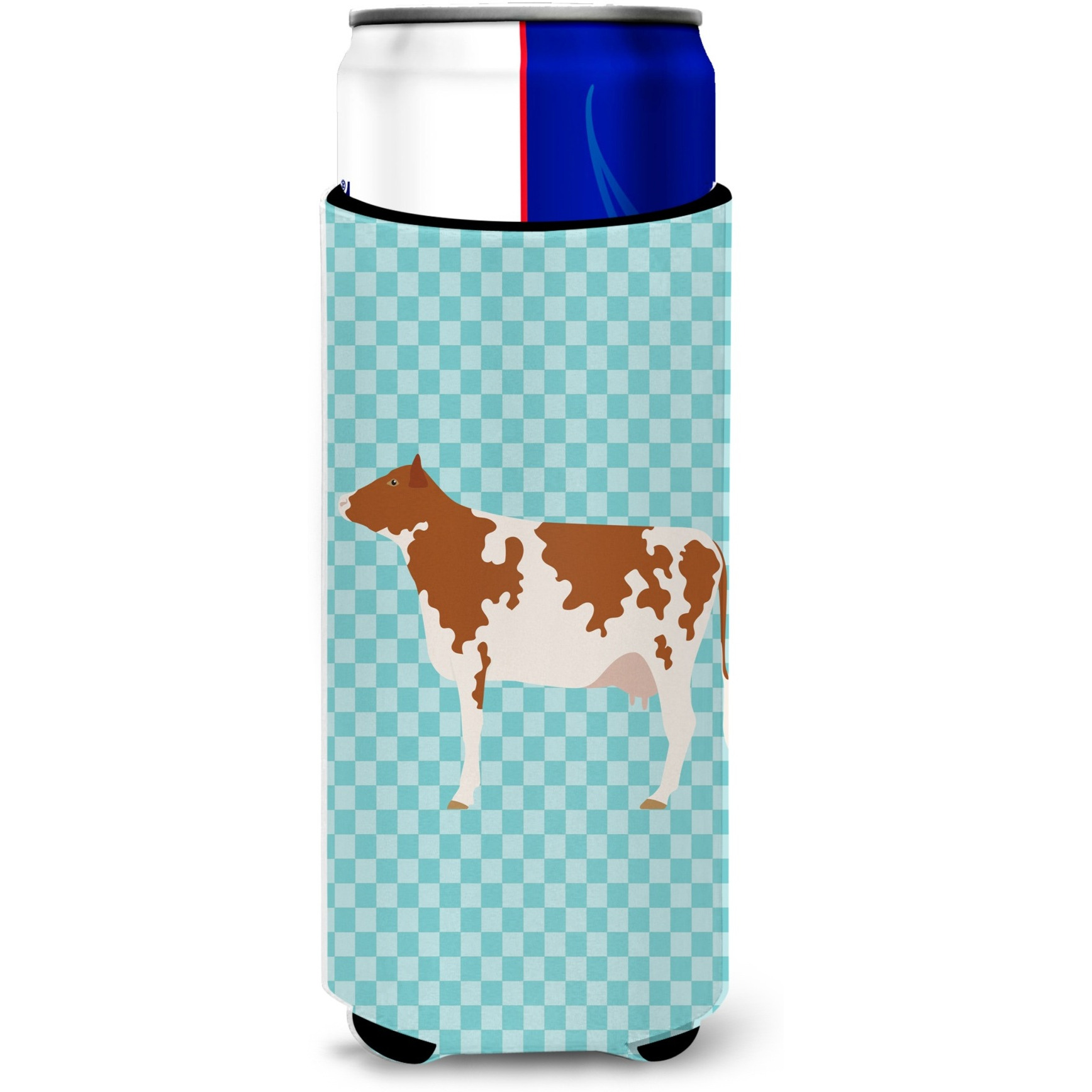 &quotCaroline's Treasures Ayrshire Cow Blue Check Decorative Can Hugger, Slim, Multicolor"