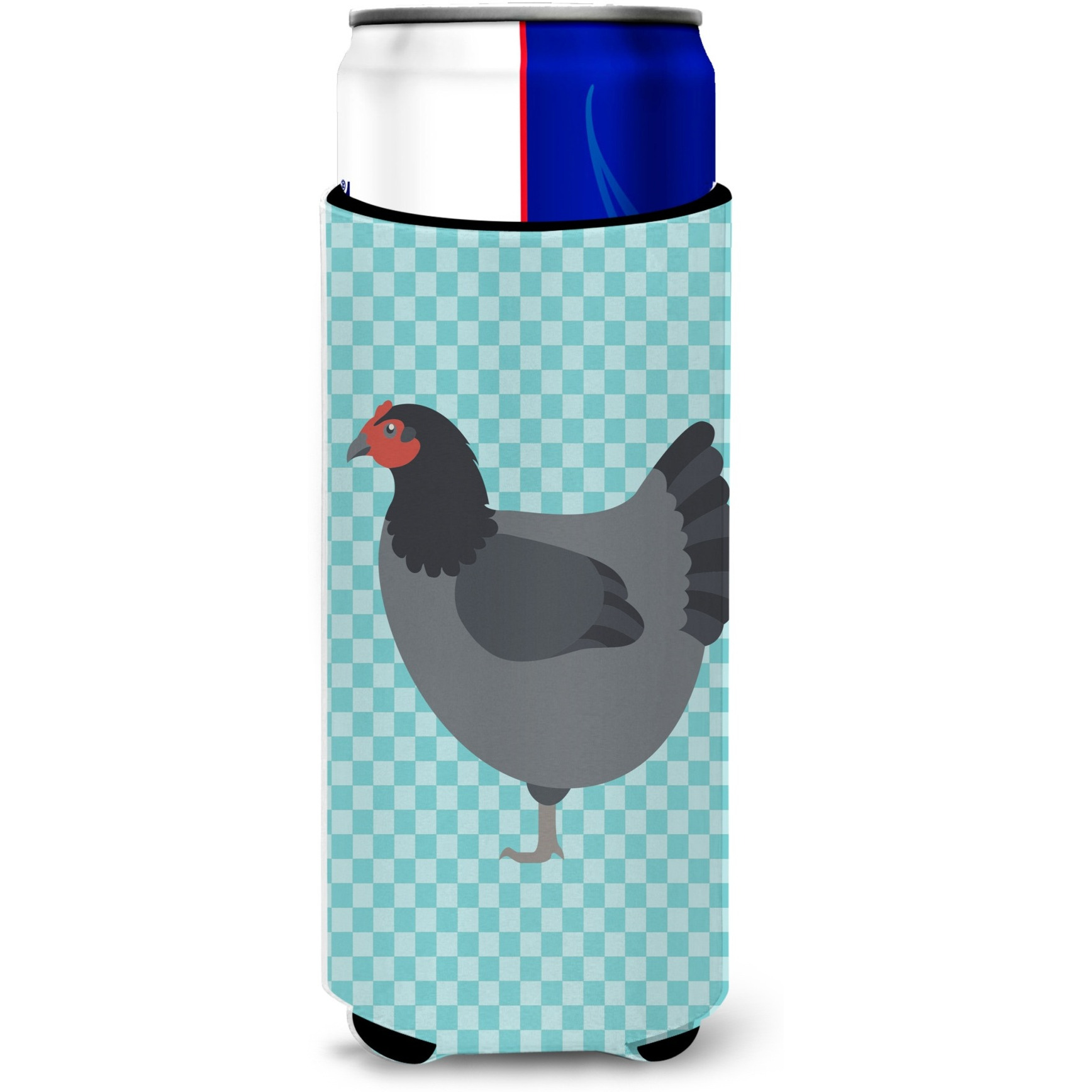 &quotCaroline's Treasures Jersey Giant Chicken Blue Check Decorative Can Hugger, Slim, Multicolor"
