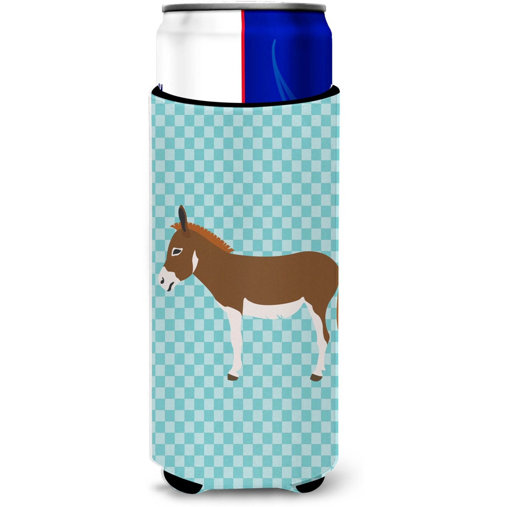 &quotCaroline's Treasures Miniature Mediterranian Donkey Blue Check Decorative Can Hugger, Slim, Multicolor"