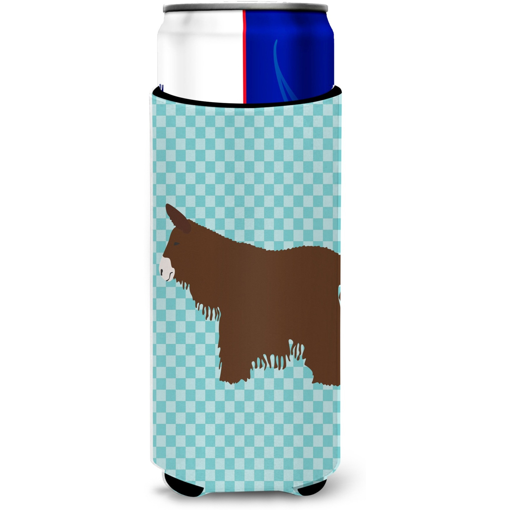 &quotCaroline's Treasures Poitou Poiteuin Donkey Blue Check Decorative Can Hugger, Slim, Multicolor"