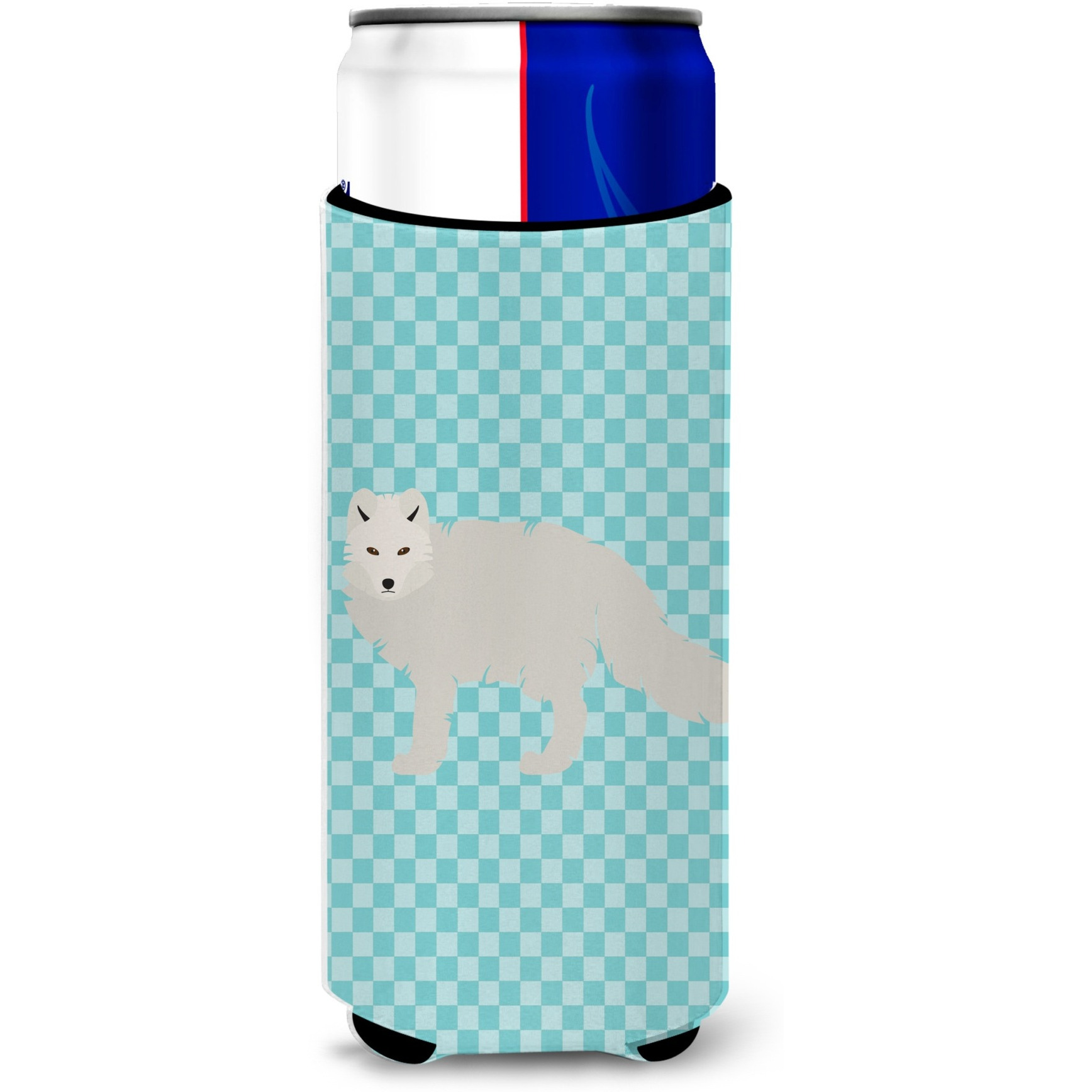 &quotCaroline's Treasures White Arctic Fox Blue Check Decorative Can Hugger, Slim, Multicolor"