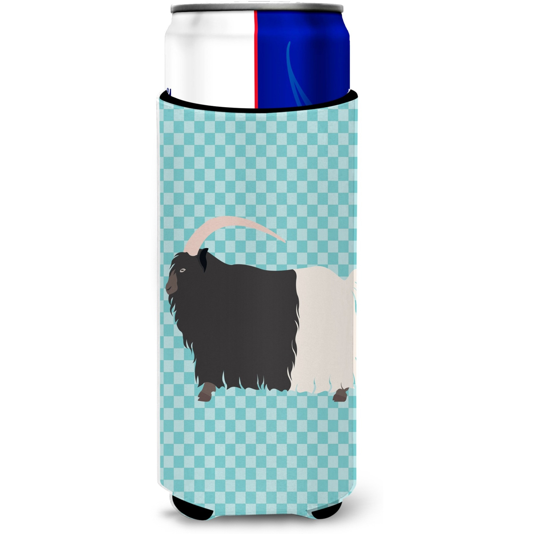 &quotCaroline's Treasures Welsh Black-Necked Goat Blue Check Decorative Can Hugger, Slim, Multicolor"