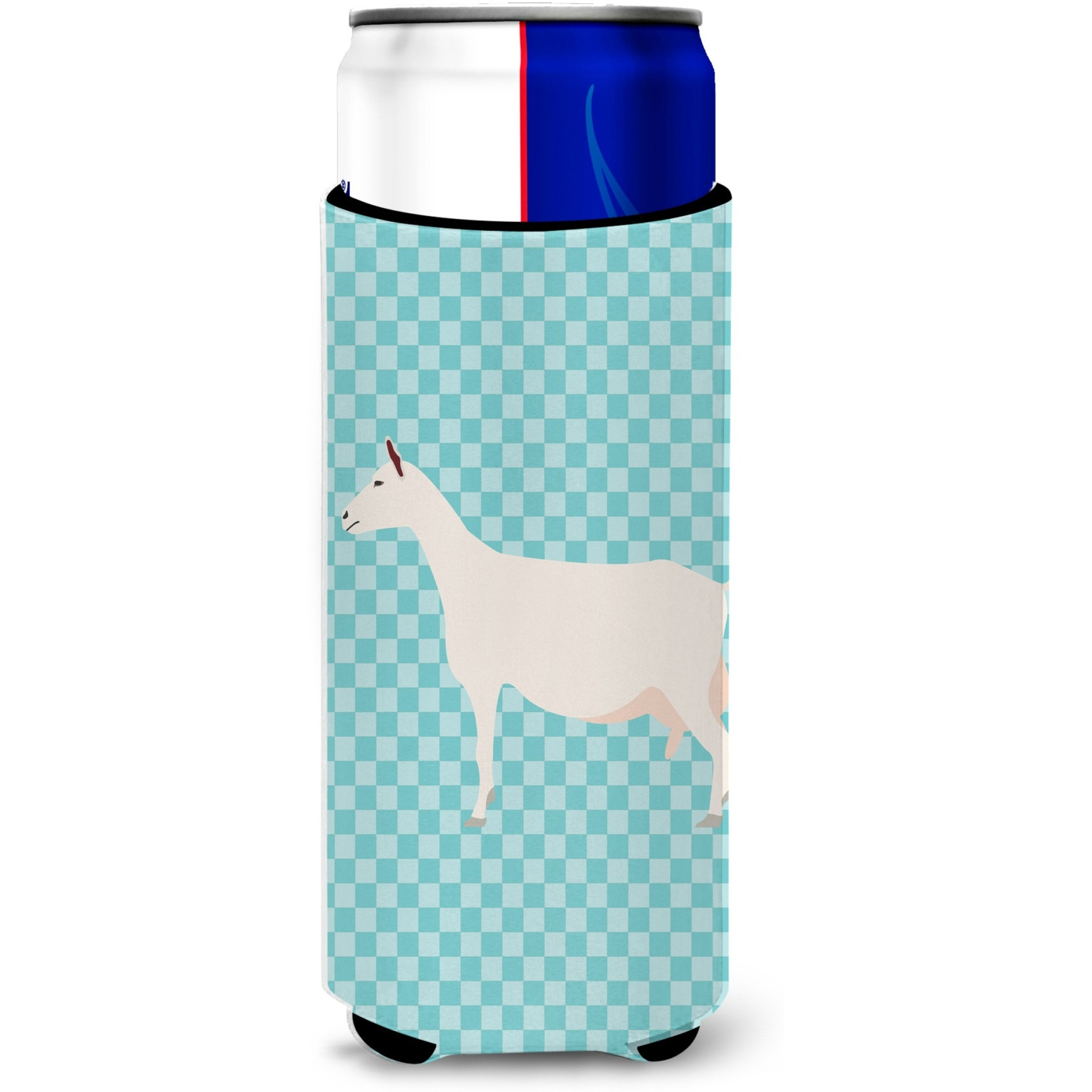 &quotCaroline's Treasures Saanen Goat Blue Check Decorative Can Hugger, Slim, Multicolor"