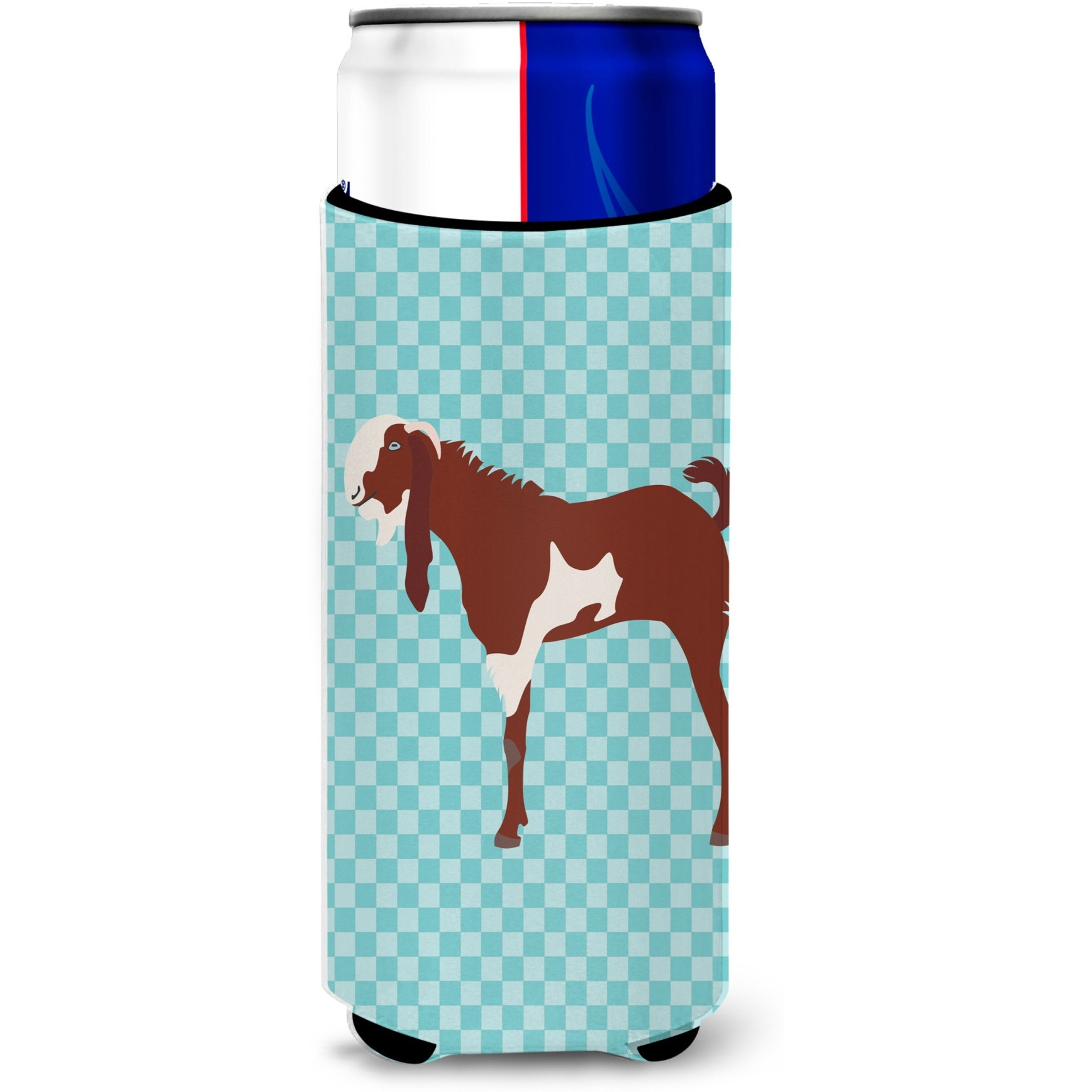 &quotCaroline's Treasures Jamnapari Goat Blue Check Decorative Can Hugger, Slim, Multicolor"