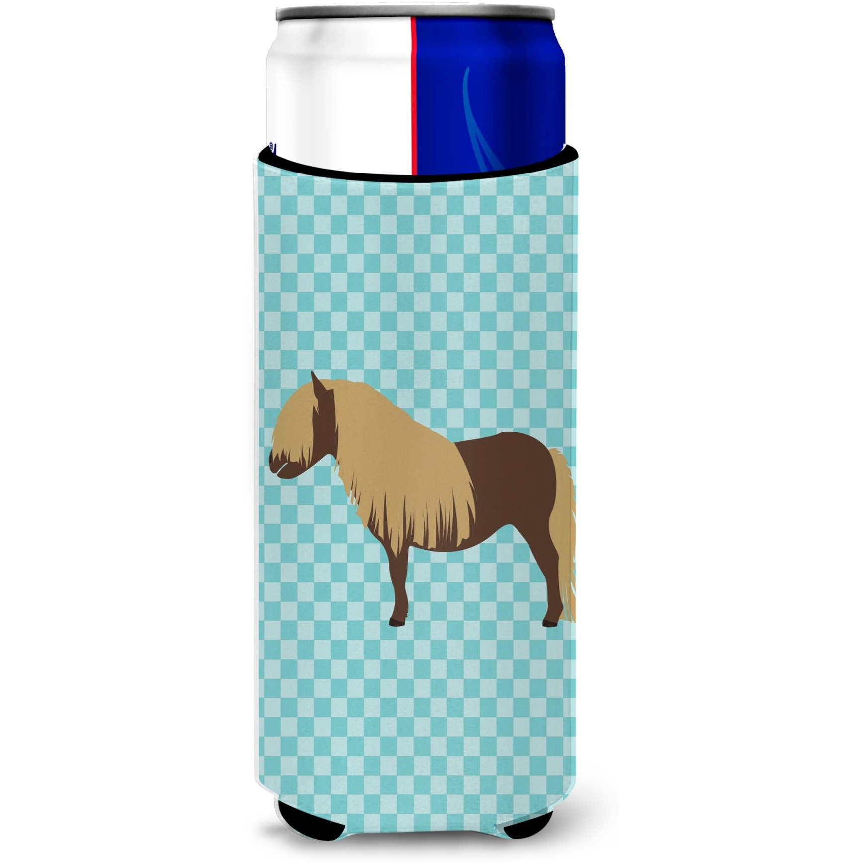 &quotCaroline's Treasures Shetland Pony Horse Blue Check Decorative Can Hugger, Slim, Multicolor"