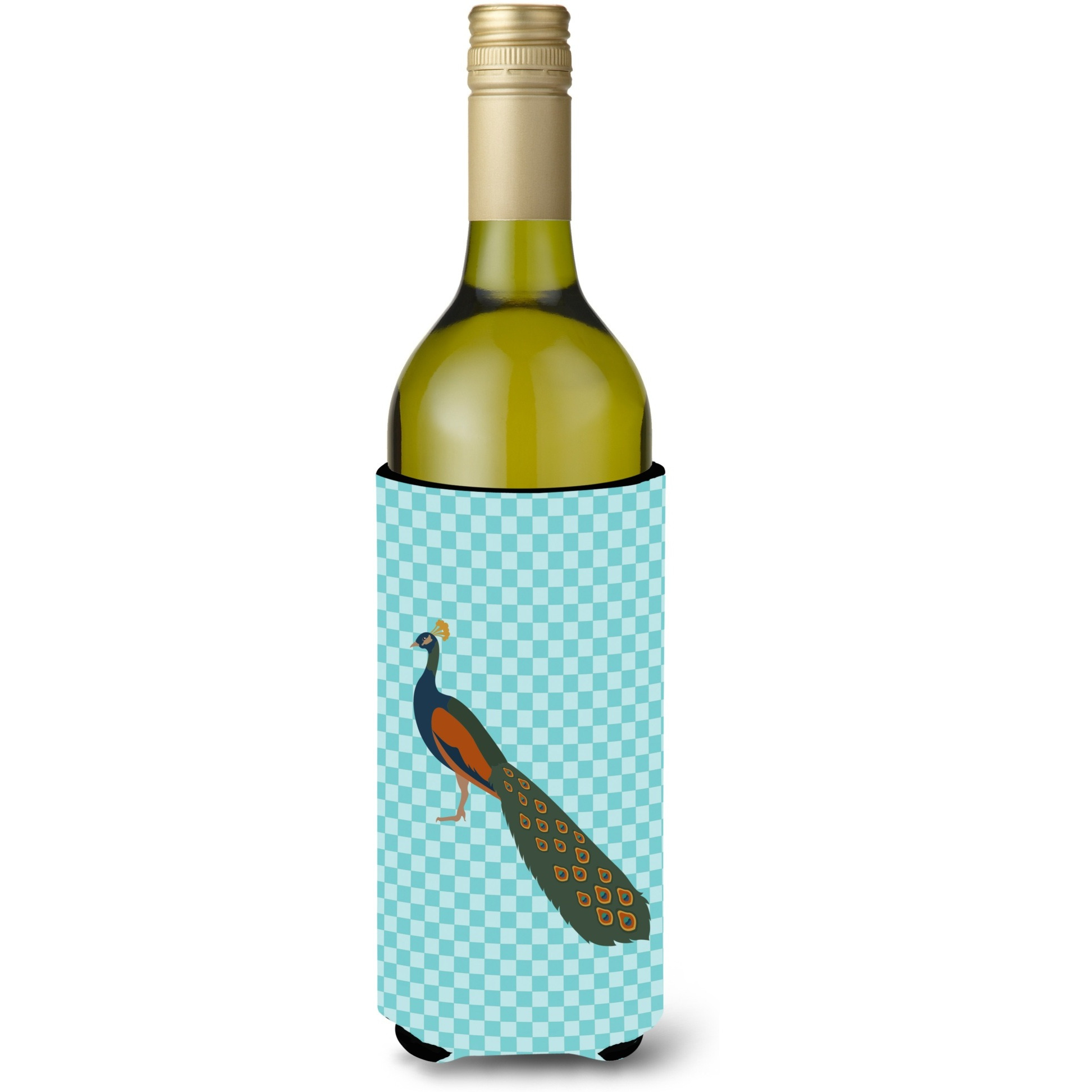 &quotCaroline's Treasures Indian Peacock Peafowl Blue Check Decorative Bottle Hugger, 750 ml, Multicolor"