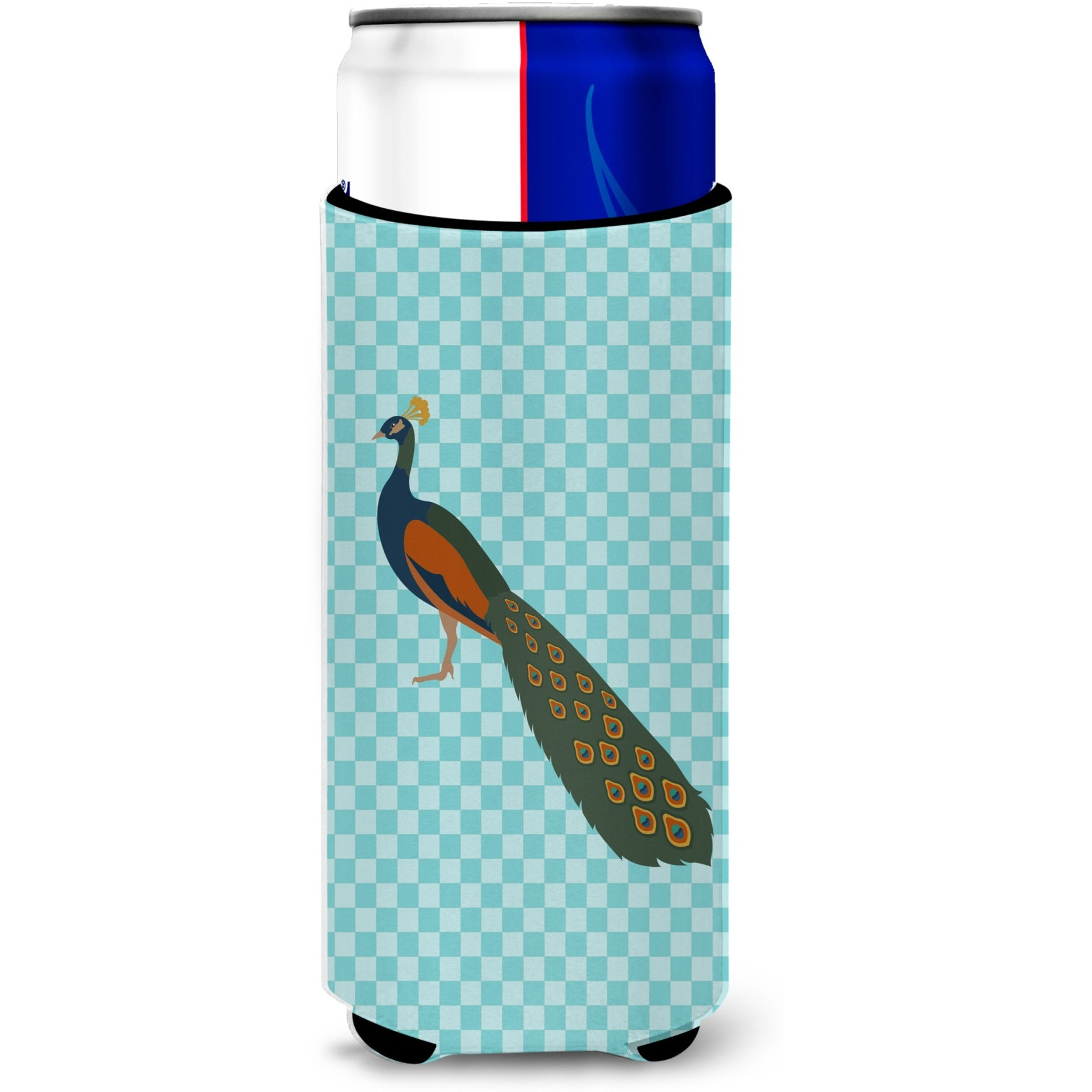 &quotCaroline's Treasures Indian Peacock Peafowl Blue Check Decorative Can Hugger, Slim, Multicolor"