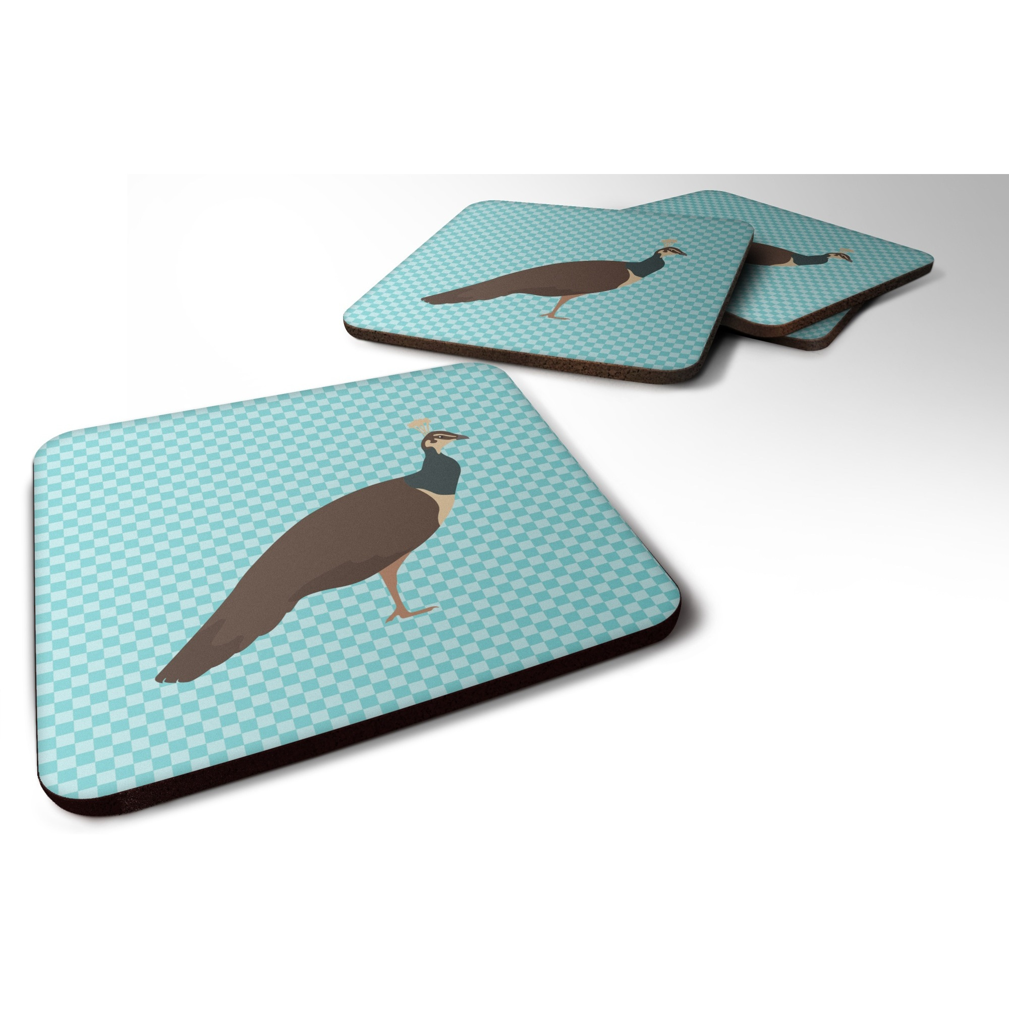 &quotCaroline's Treasures Indian Peahen Peafowl Blue Check Decorative coasters, 3.5, Multicolor"