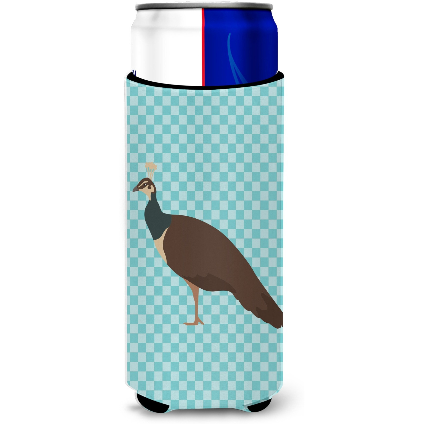 &quotCaroline's Treasures Indian Peahen Peafowl Blue Check Decorative Can Hugger, Slim, Multicolor"