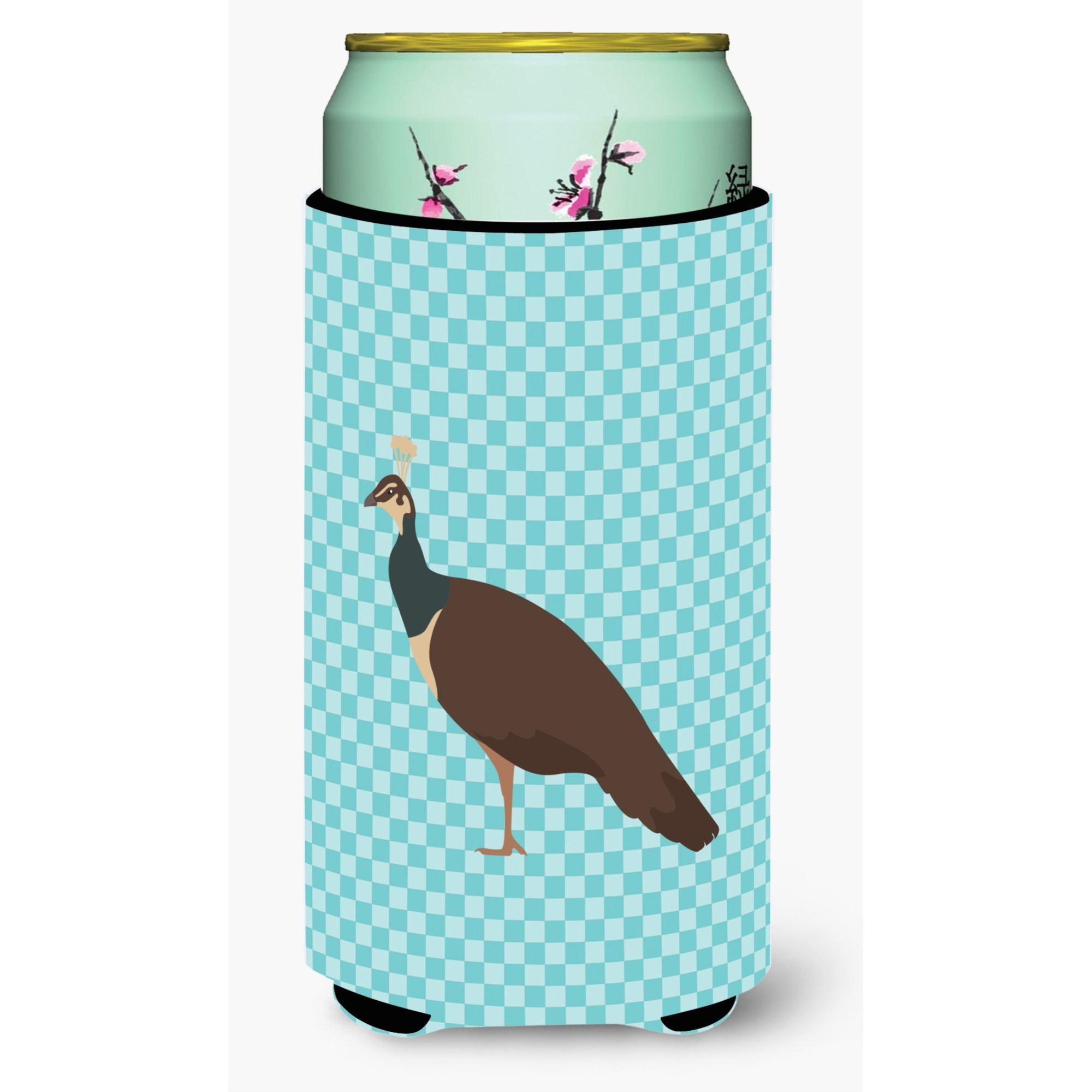 &quotCaroline's Treasures Indian Peahen Peafowl Blue Check Decorative Can Hugger, Tall Boy, Multicolor"