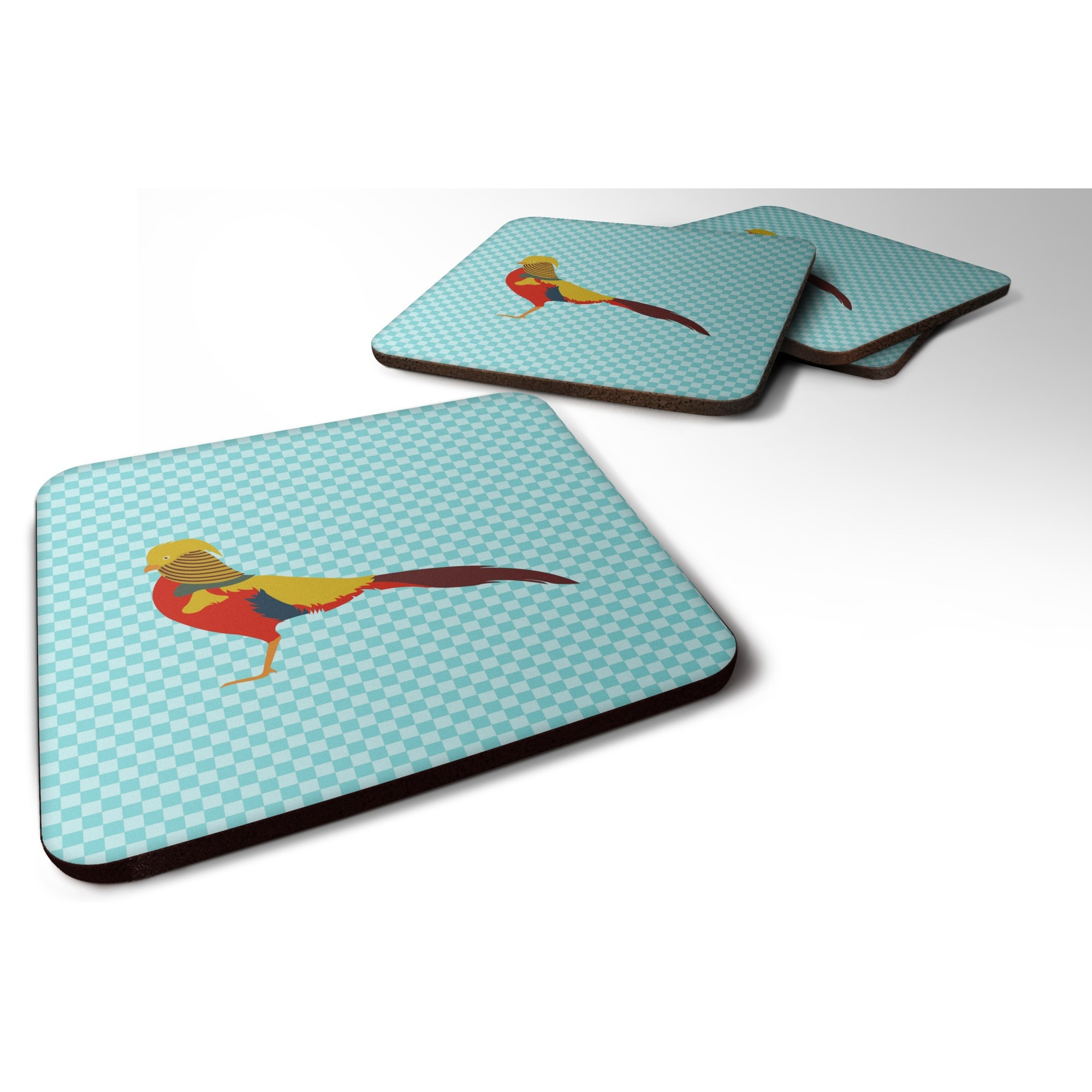 &quotCaroline's Treasures Golden or Chinese Pheasant Blue Check Decorative coasters, 3.5, Multicolor"