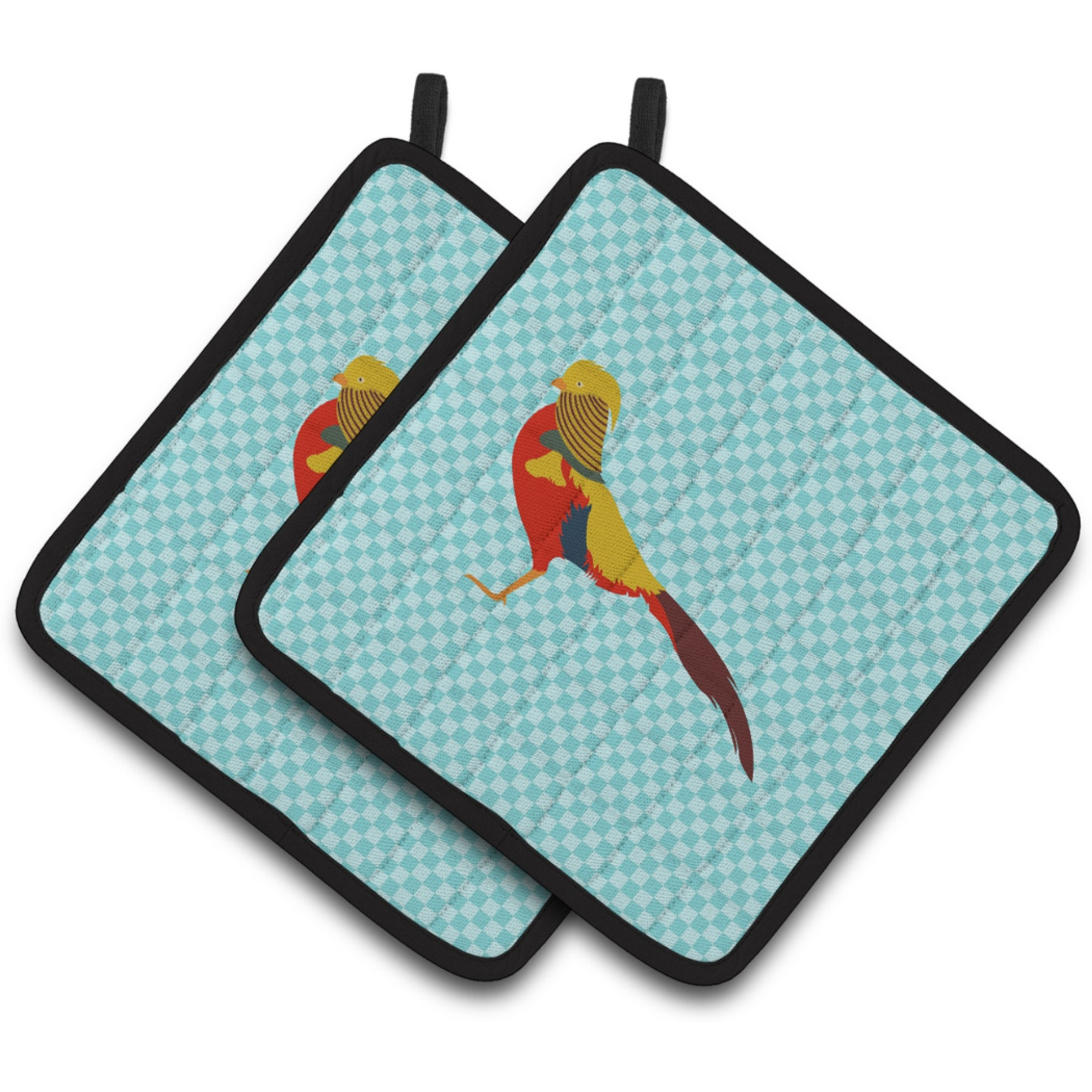 &quotCaroline's Treasures Golden or Chinese Pheasant Blue Check Decorated Pot Holder, 7.5"" x 7.5"""