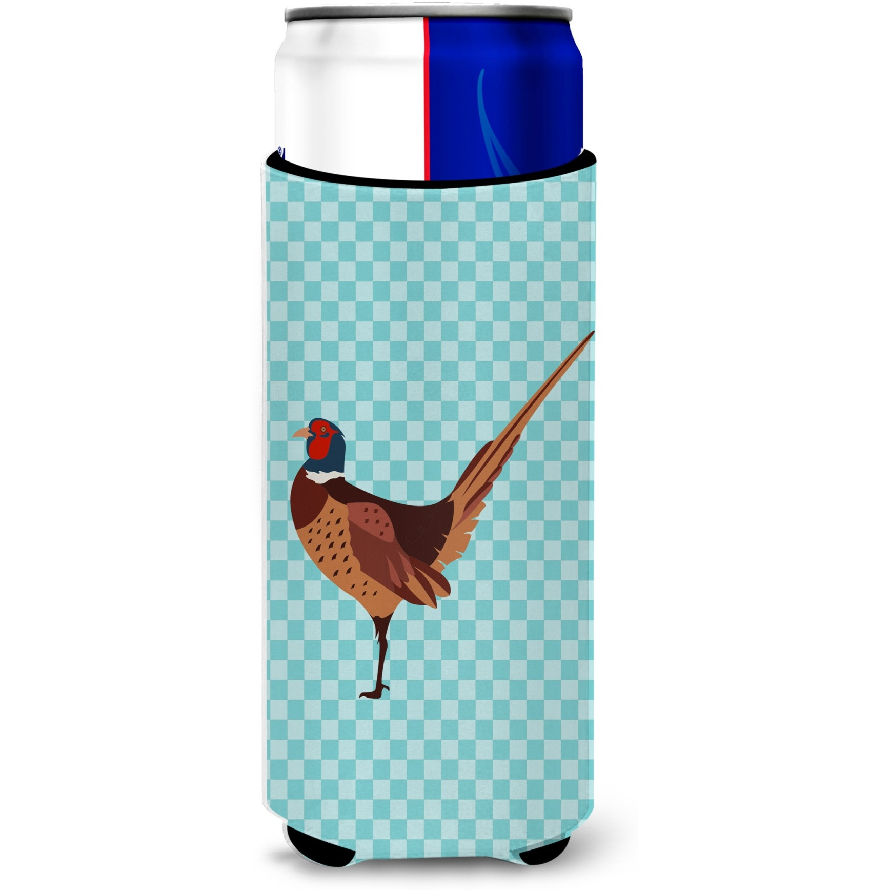 &quotCaroline's Treasures Ring-necked Common Pheasant Blue Check Decorative Can Hugger, Slim, Multicolor"