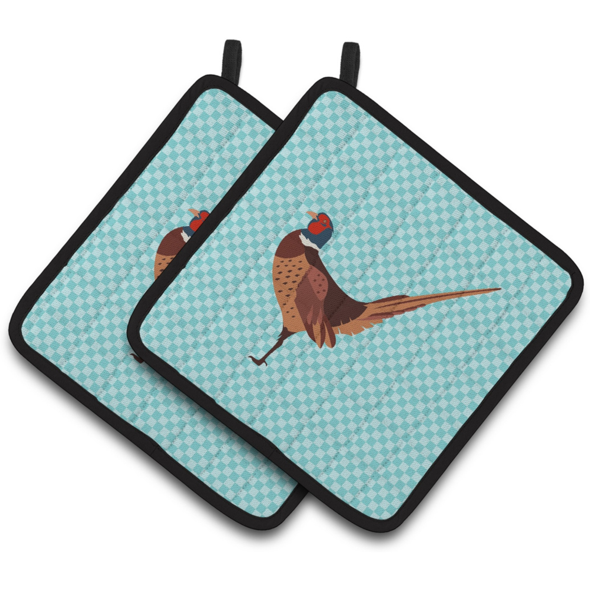 &quotCaroline's Treasures Ring-necked Common Pheasant Blue Check Decorated Pot Holder, 7.5"" x 7.5"""