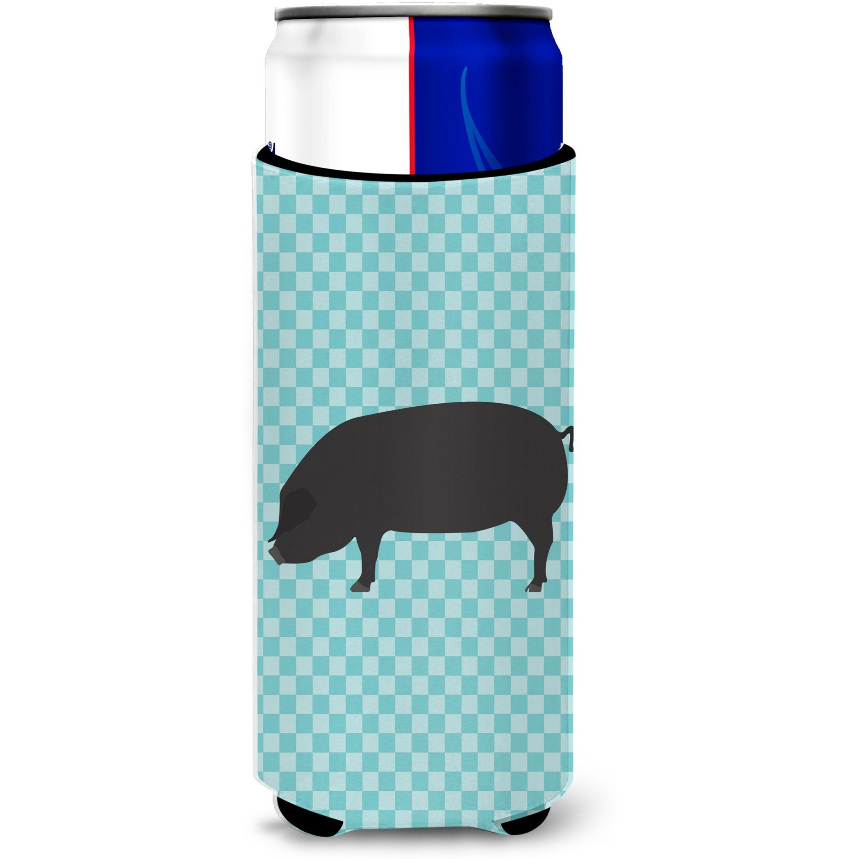 &quotCaroline's Treasures Devon Large Black Pig Blue Check Decorative Can Hugger, Slim, Multicolor"