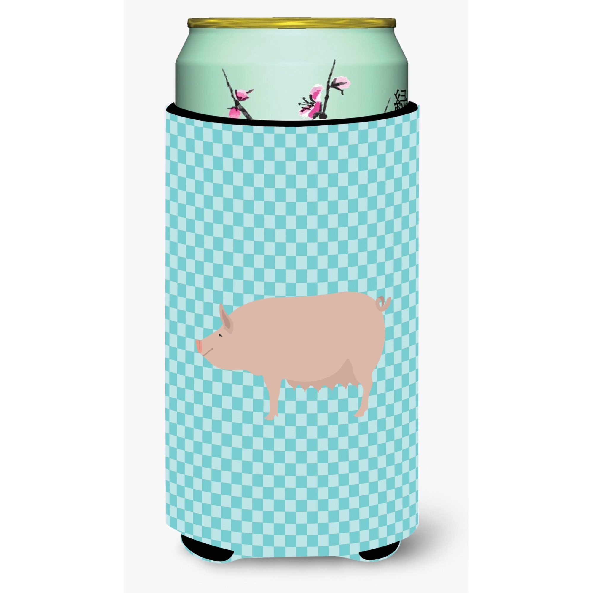 &quotCaroline's Treasures English Large White Pig Blue Check Decorative Can Hugger, Tall Boy, Multicolor"