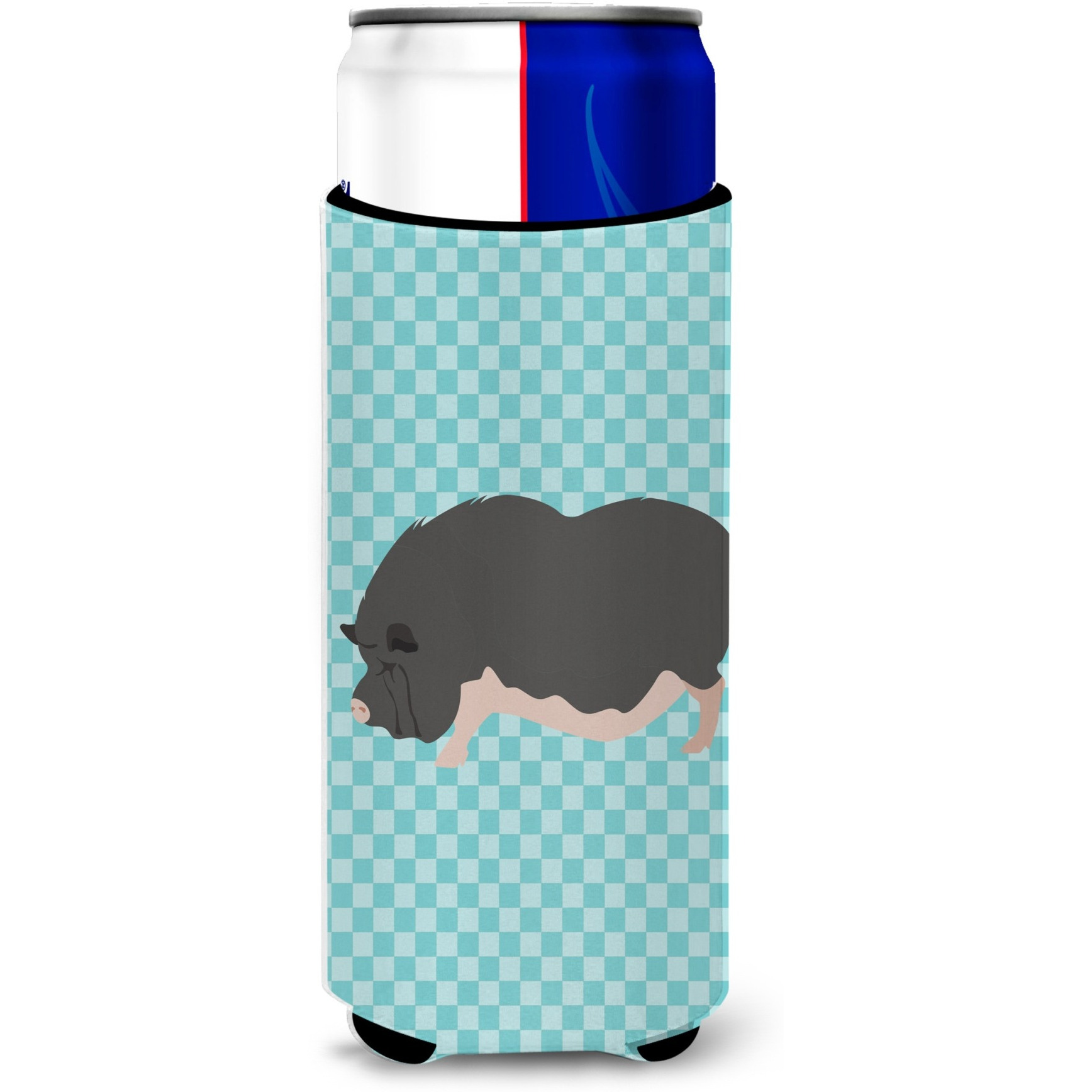 &quotCaroline's Treasures Vietnamese Pot-Bellied Pig Blue Check Decorative Can Hugger, Slim, Multicolor"