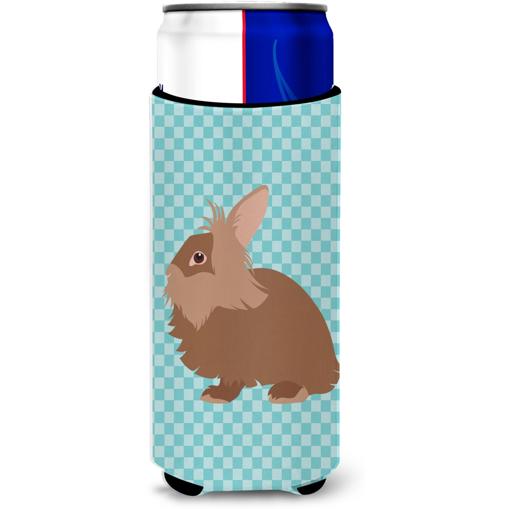 &quotCaroline's Treasures Lionhead Rabbit Blue Check Decorative Can Hugger, Slim, Multicolor"