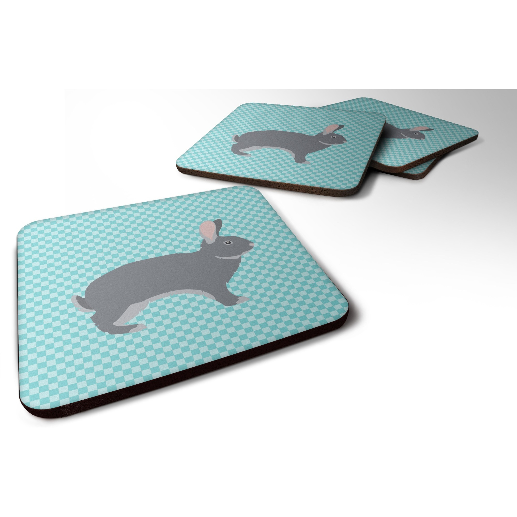 &quotCaroline's Treasures Giant Chinchilla Rabbit Blue Check Decorative Coasters, 3.5"", Multicolor"