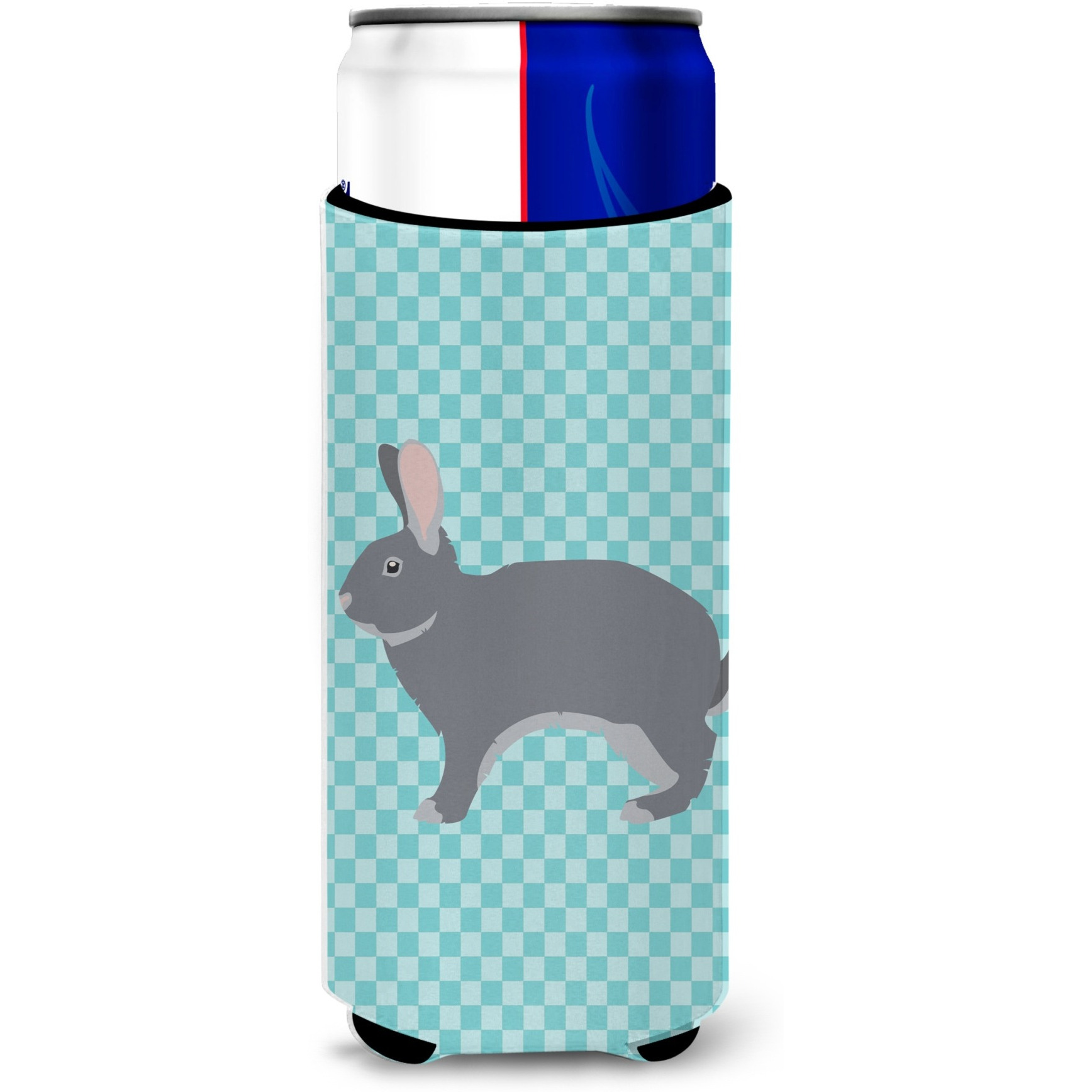 &quotCaroline's Treasures Giant Chinchilla Rabbit Blue Check Decorative Can Hugger, Slim, Multicolor"
