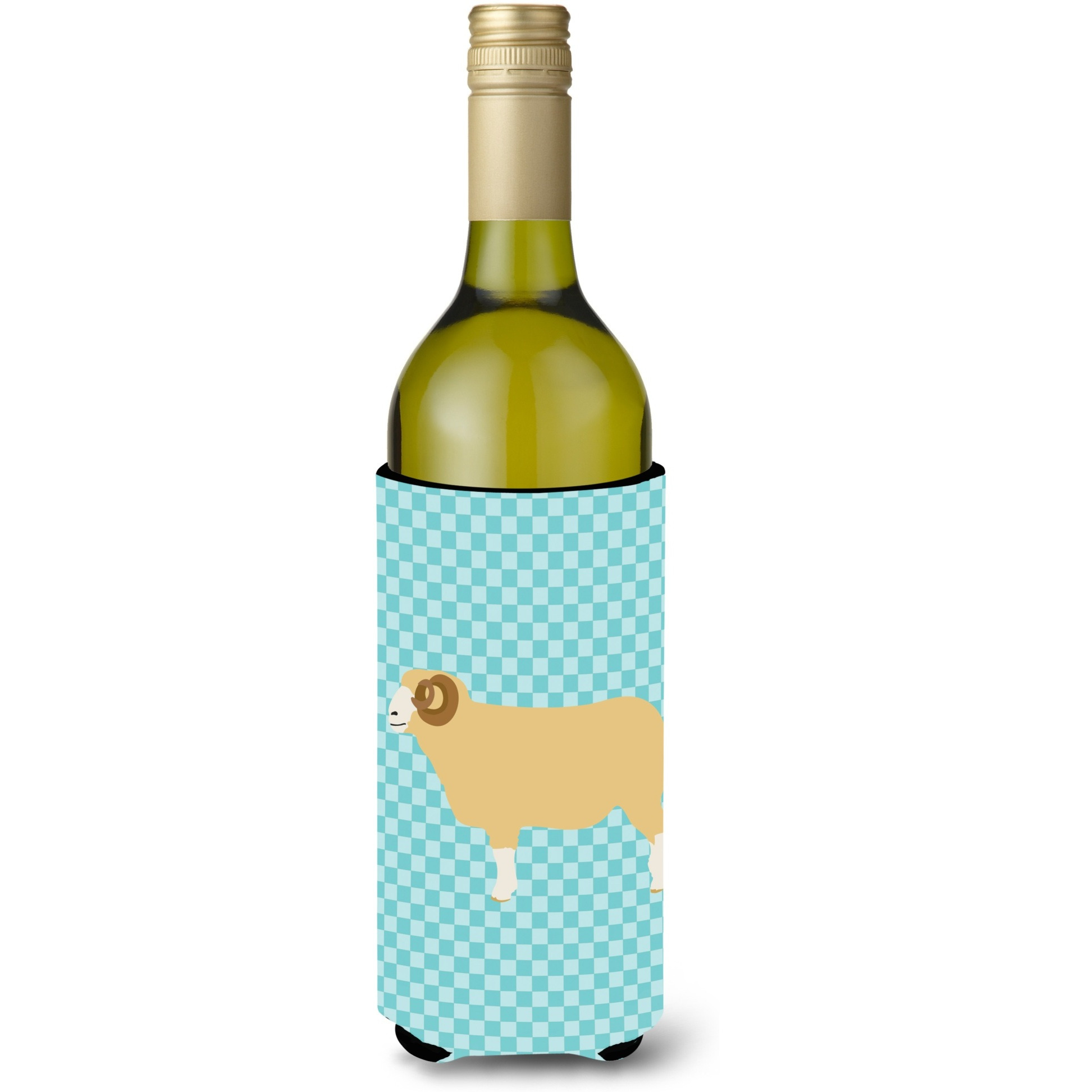 &quotCaroline's Treasures Horned Dorset Sheep Blue Check Decorative Bottle Hugger, 750 ml, Multicolor"